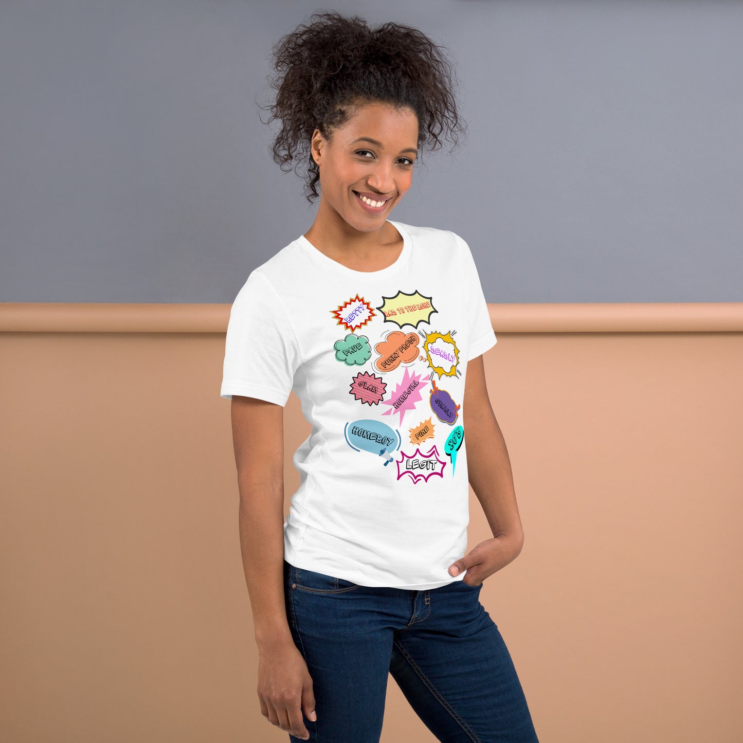 Unisex 80s graphic t-shirt with comic-style slang design by Hipyfi Clothes & Design. white-front