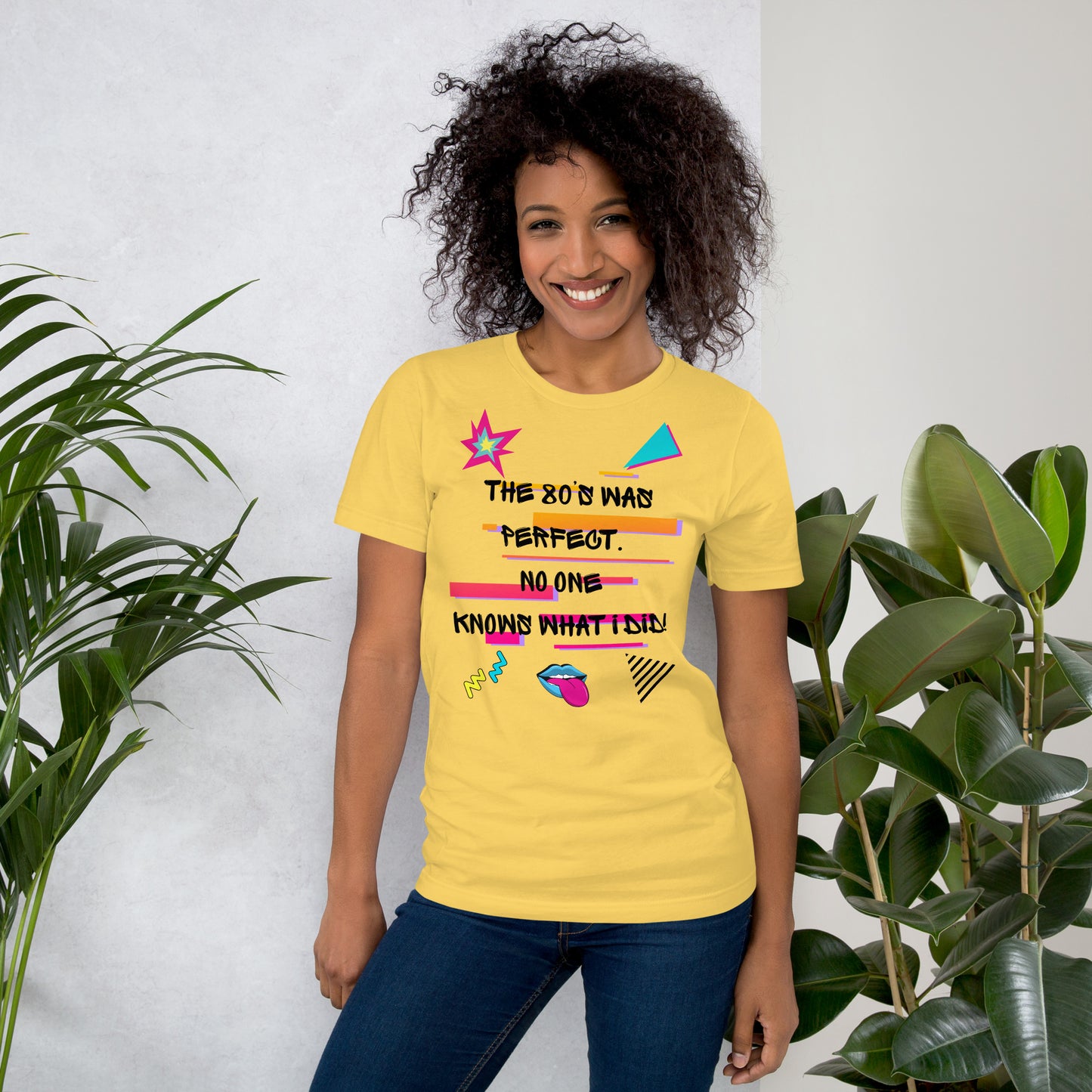 Hipyfi The '80s Was Perfect Unisex Graphic T-Shirt - Neon Pop Design, vibrant retro 80s style with bold typography and colorful graphics. yellow-front-2