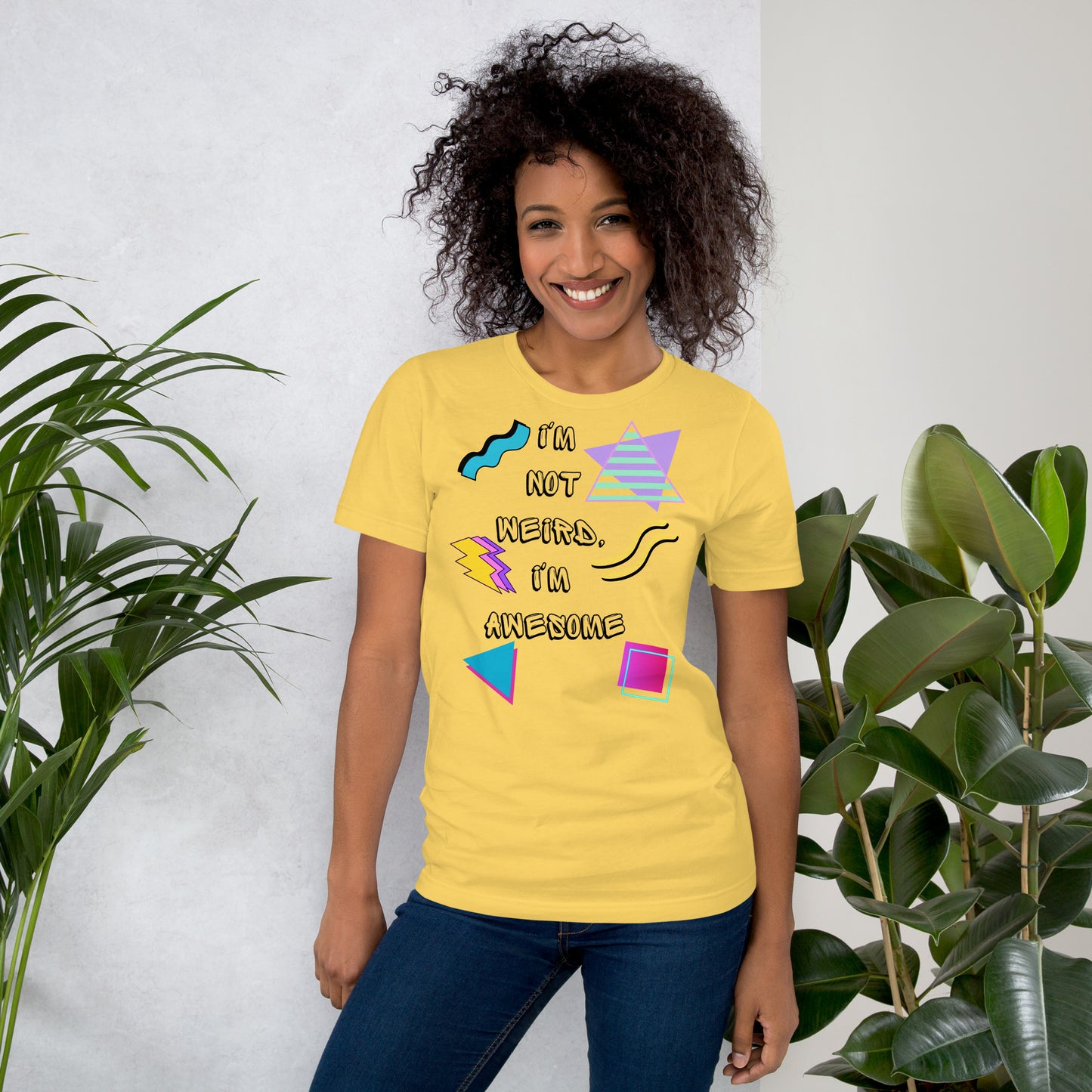 Unisex retro graphic t-shirt with 'I’m Not Weird I’m Awesome' 80s design by Hipyfi Clothes & Design. yellow-front-2