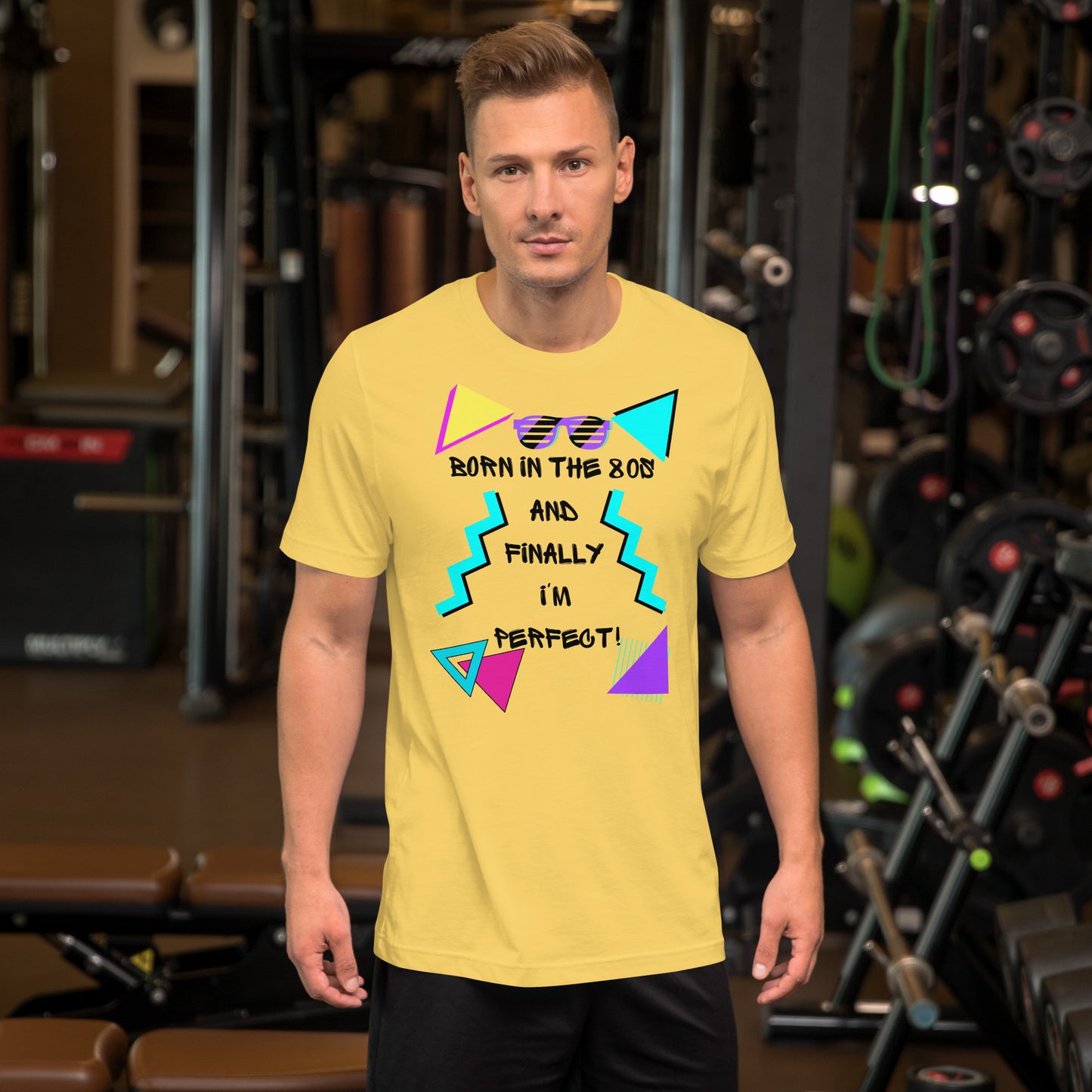 Hipyfi Unisex 80s Retro T-Shirt – Born in the 80s, Perfected for Today, featuring bold 80s graphic design and retro typography. yellow-front