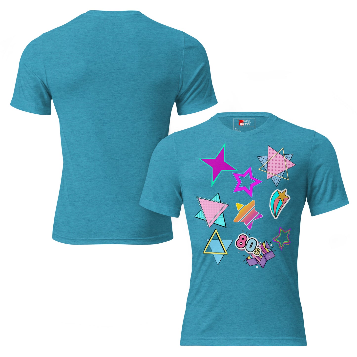 Unisex Retro 80s T-Shirt with Neon Pop Art Graphic – Hipyfi Tri-Blend Tee. aqua-triblend-front-and-back