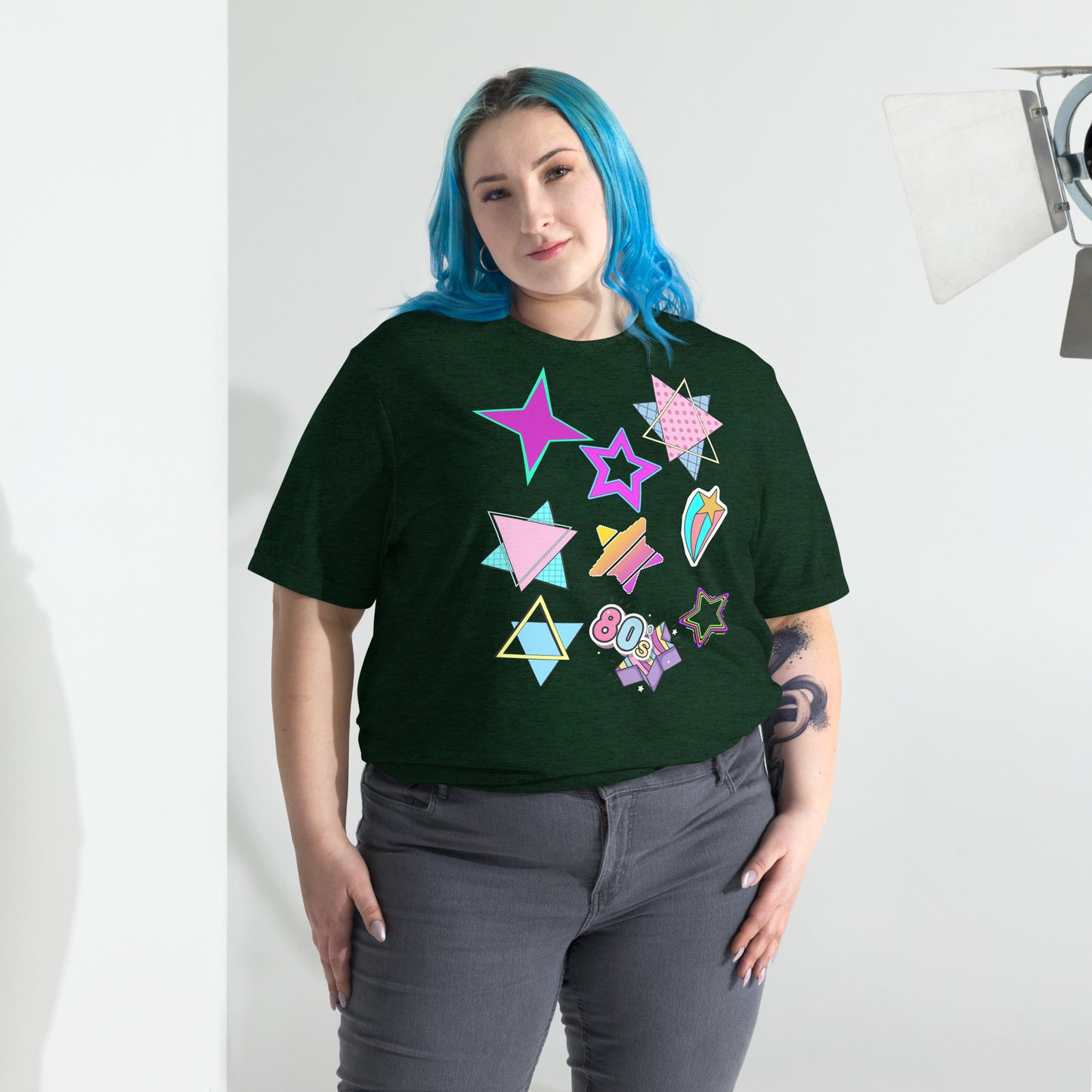 Unisex Retro 80s T-Shirt with Neon Pop Art Graphic – Hipyfi Tri-Blend Tee. emerald-triblend-front