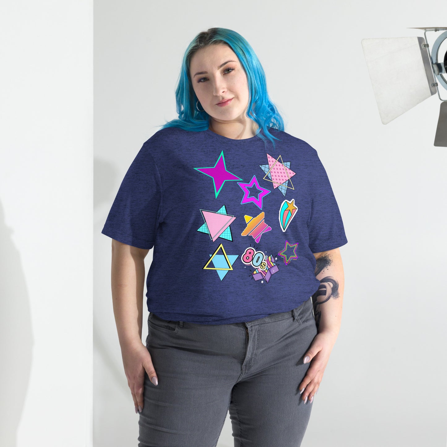 Unisex Retro 80s T-Shirt with Neon Pop Art Graphic – Hipyfi Tri-Blend Tee. navy-triblend-front
