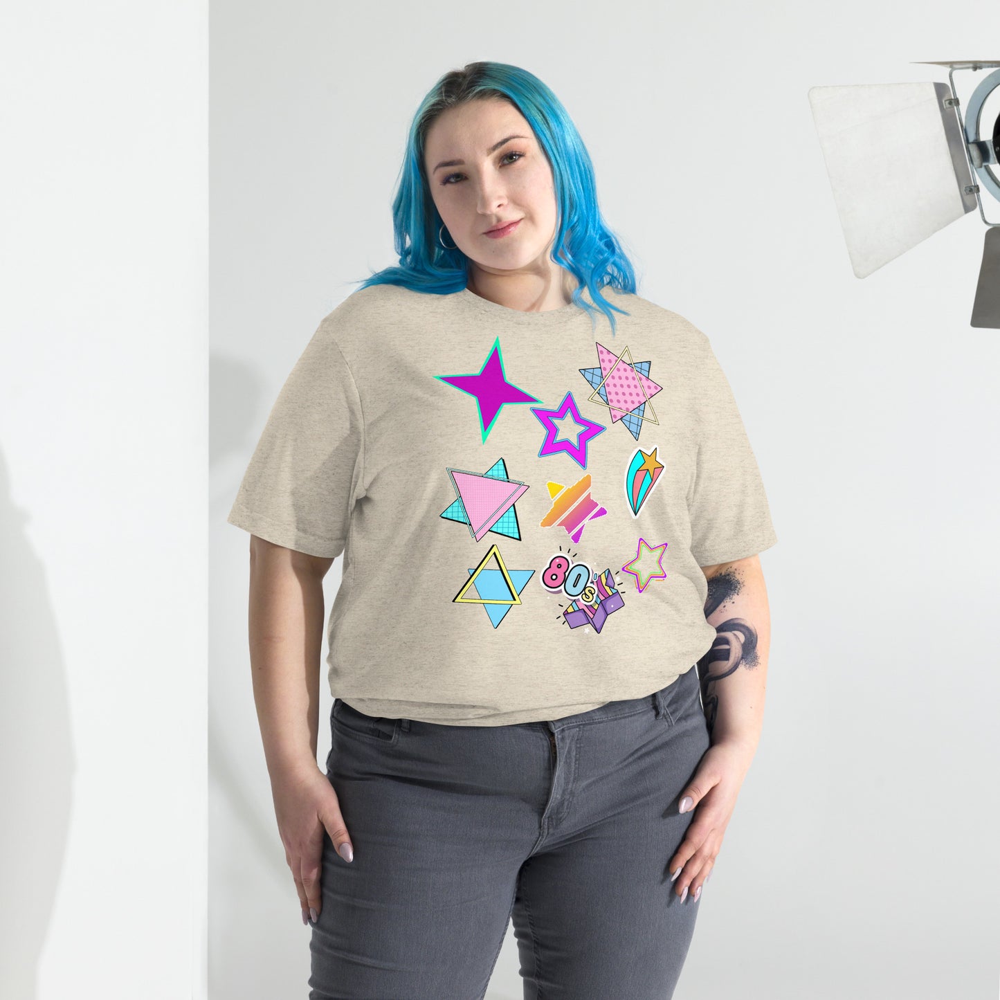 Unisex Retro 80s T-Shirt with Neon Pop Art Graphic – Hipyfi Tri-Blend Tee. oatmeal-triblend-front