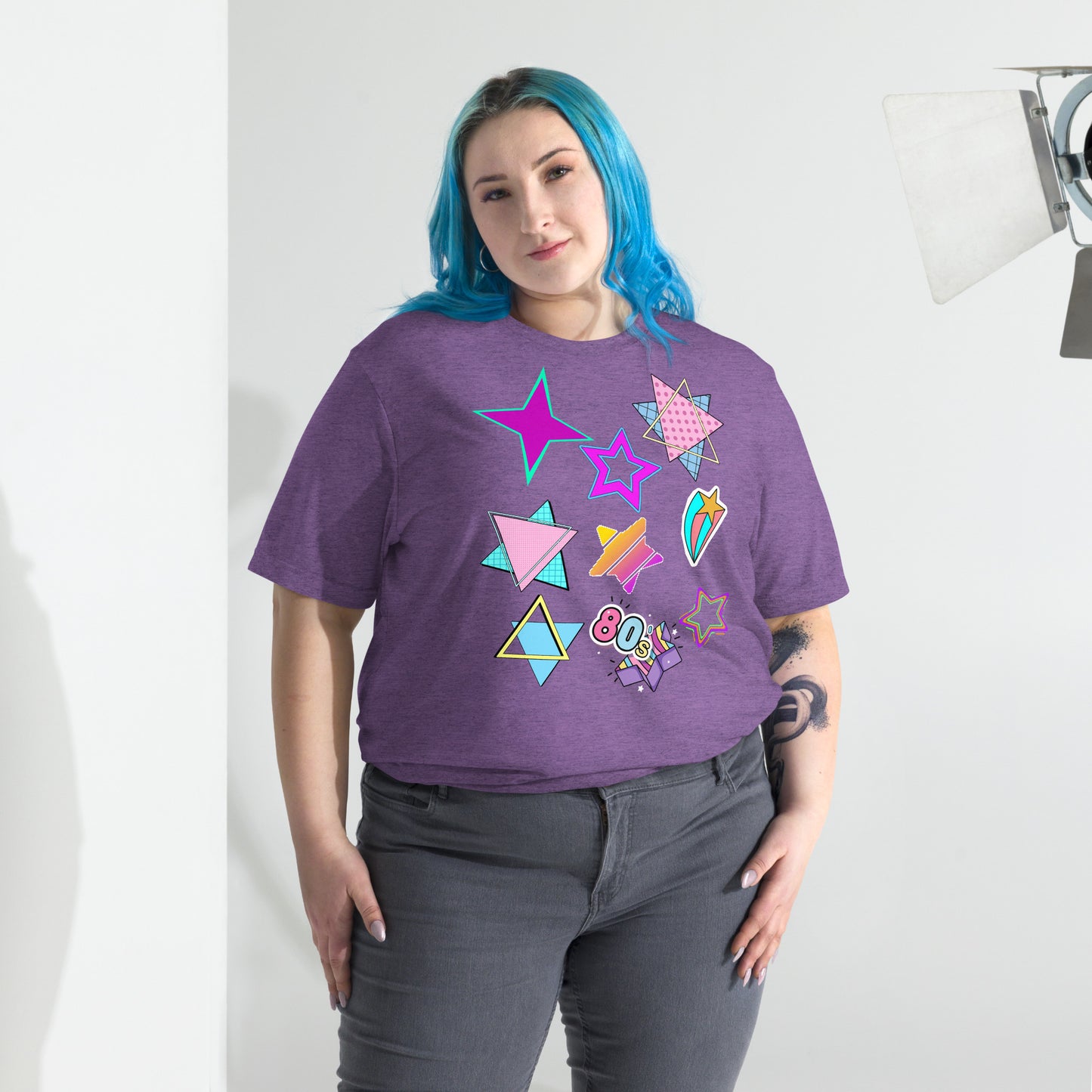 Unisex Retro 80s T-Shirt with Neon Pop Art Graphic – Hipyfi Tri-Blend Tee. purple-triblend-front