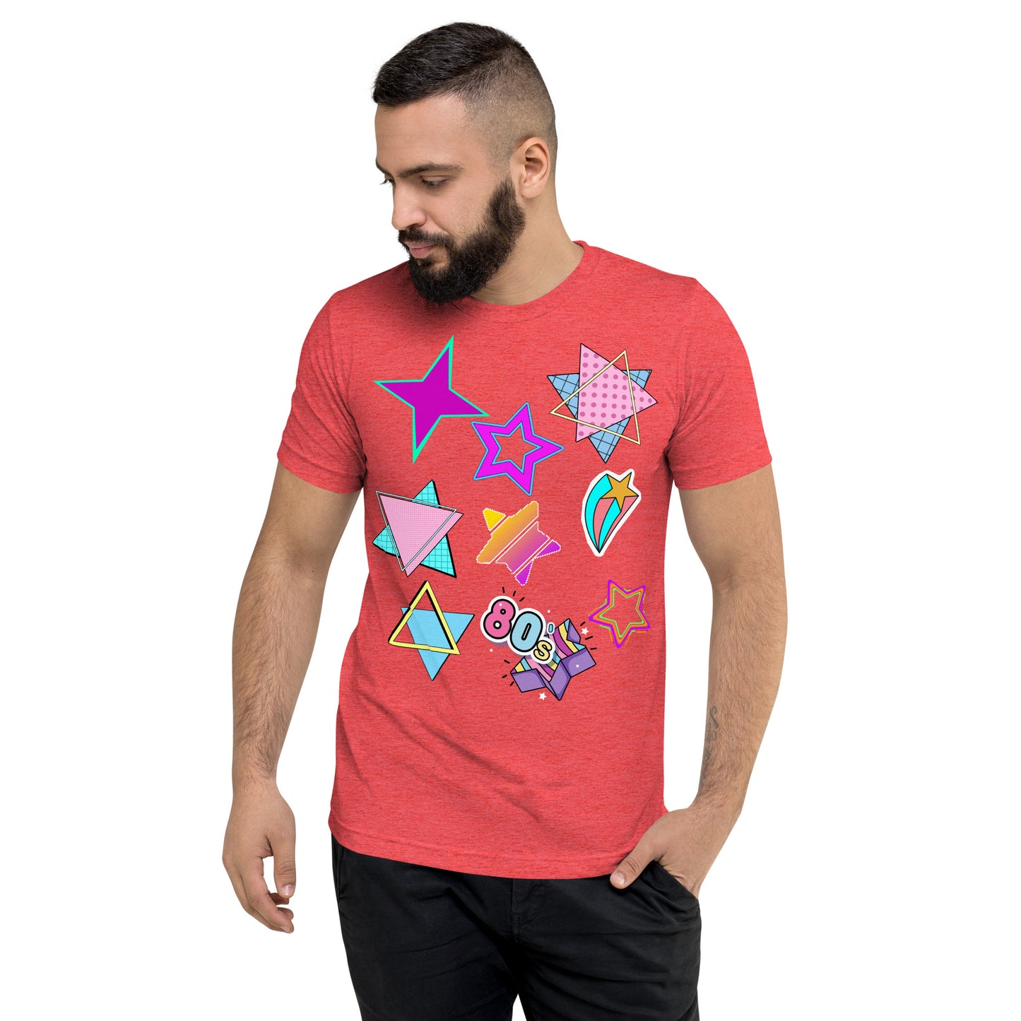 Unisex Retro 80s T-Shirt with Neon Pop Art Graphic – Hipyfi Tri-Blend Tee. red-triblend-front-2