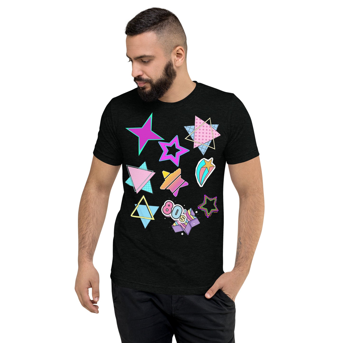 Unisex Retro 80s T-Shirt with Neon Pop Art Graphic – Hipyfi Tri-Blend Tee. solid-black-triblend-front-2