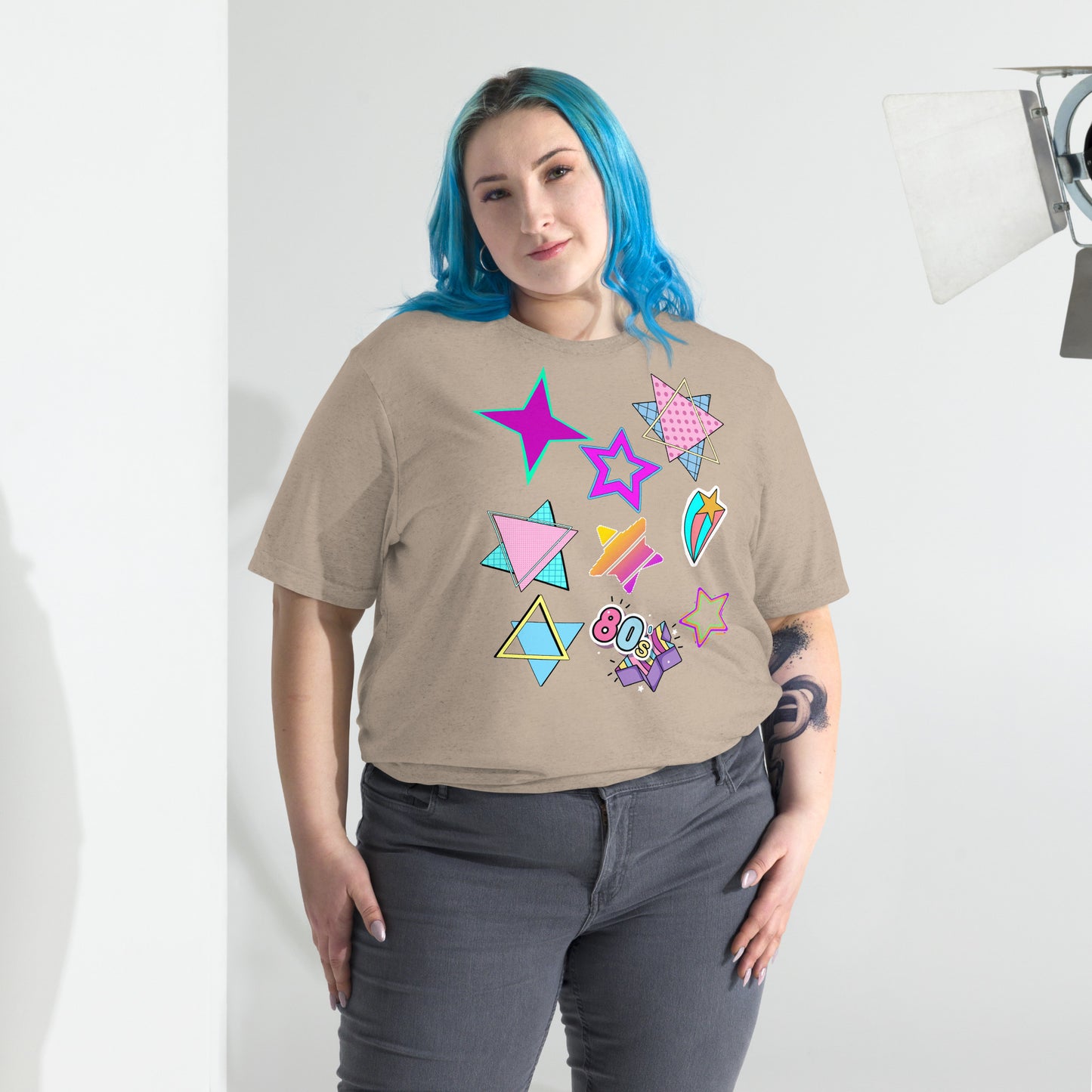 Unisex Retro 80s T-Shirt with Neon Pop Art Graphic – Hipyfi Tri-Blend Tee. tan-triblend-front