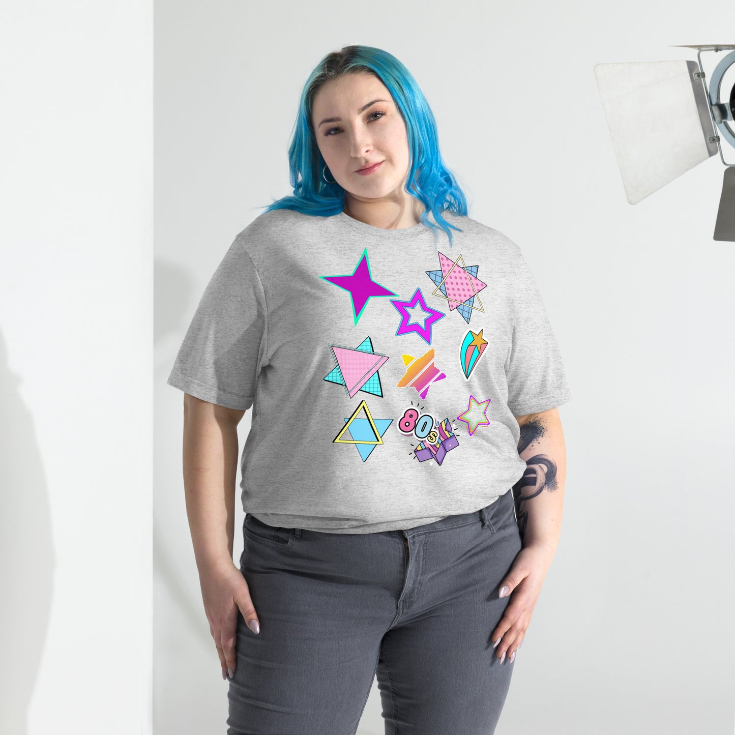 Unisex Retro 80s T-Shirt with Neon Pop Art Graphic – Hipyfi Tri-Blend Tee. white-fleck-triblend-front