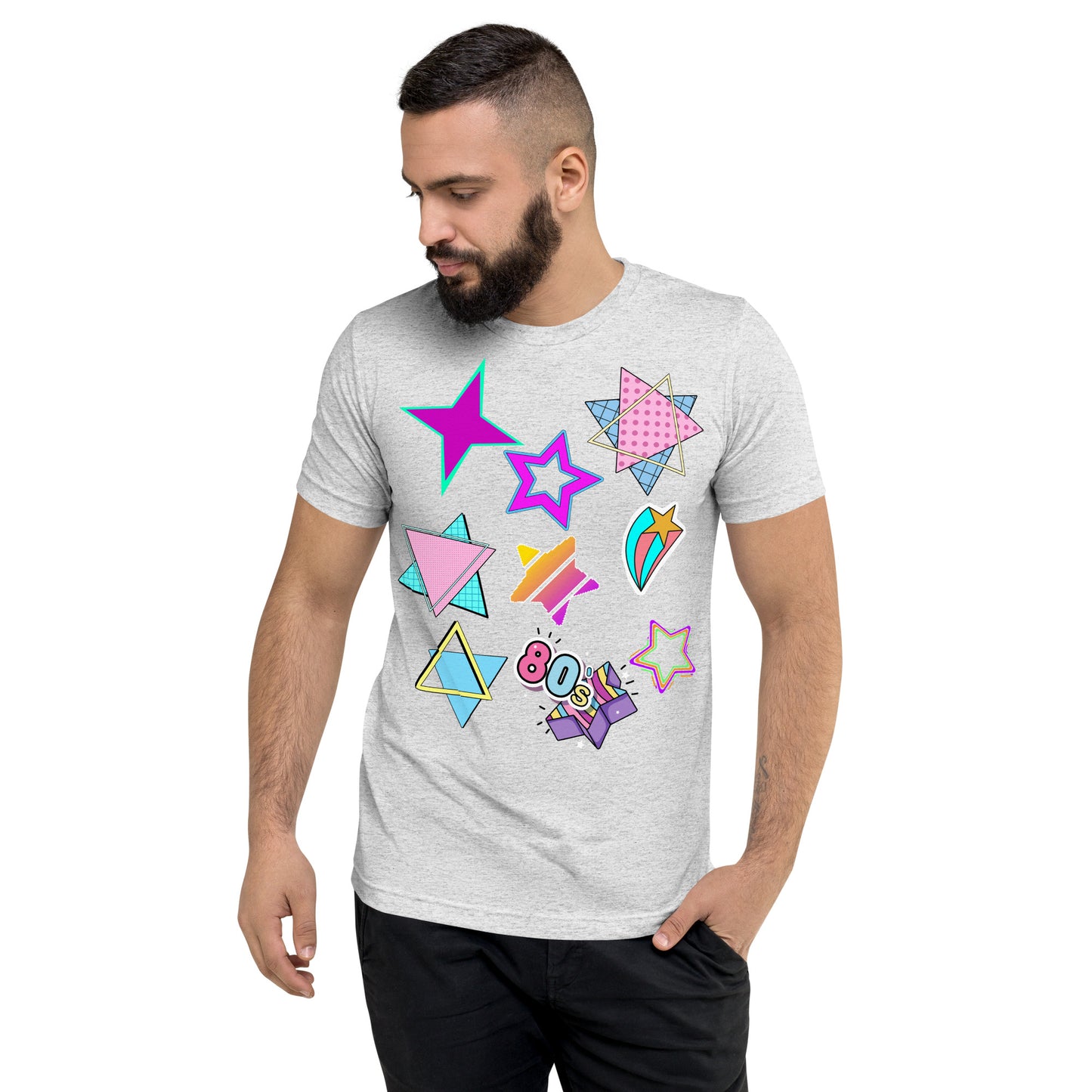 Unisex Retro 80s T-Shirt with Neon Pop Art Graphic – Hipyfi Tri-Blend Tee. white-fleck-triblend-front-2