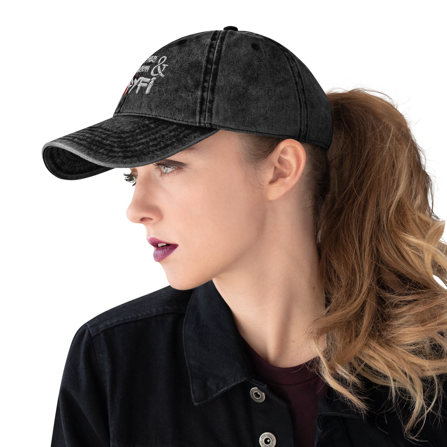 Vintage cotton twill dad cap with embroidered Hipyfi Clothes & Design logo in charcoal grey Left