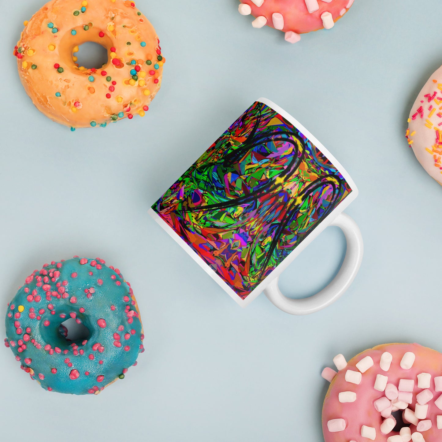 Colorful abstract art ceramic mug with neon pattern and glossy finish – Hipyfi Neon Mythos Mug 11-oz-donuts