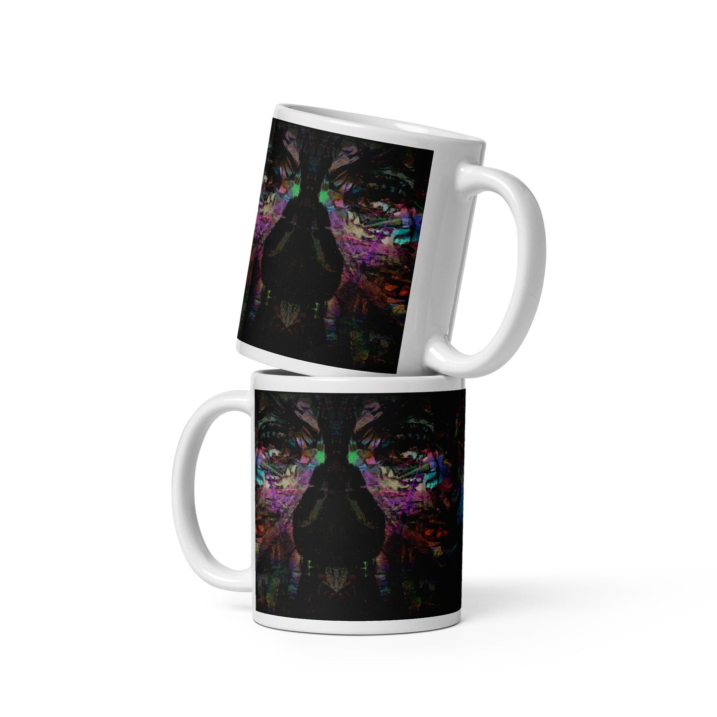 Hipyfi Chromatic Dreams Ceramic Mug with abstract vibrant design on a glossy white surface. Held in hand, unisex, dishwasher-safe. 11-oz-4