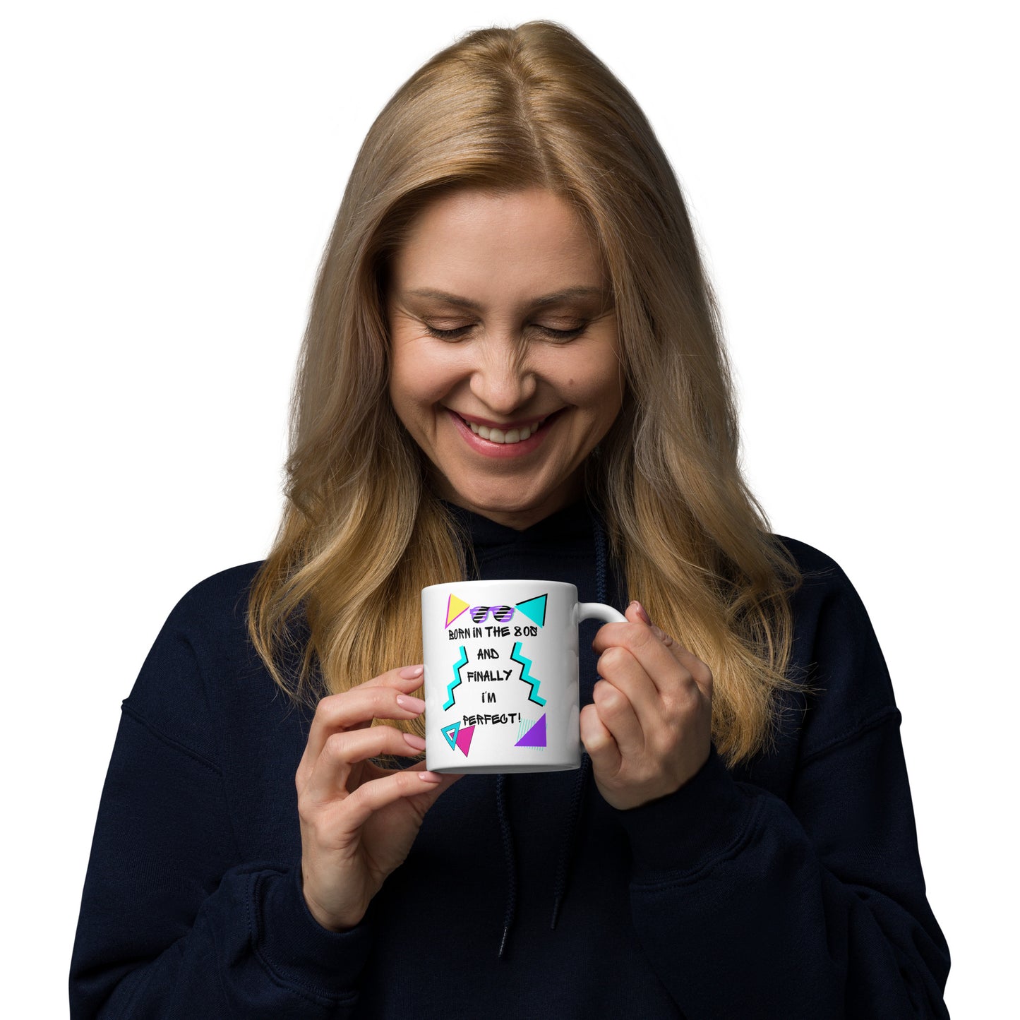 Retro 80s ceramic coffee mug with bold geometric design and 'Born in the 80s and finally I'm perfect!' text – by Hipyfi Clothes & Design 11-oz-handle-on-right