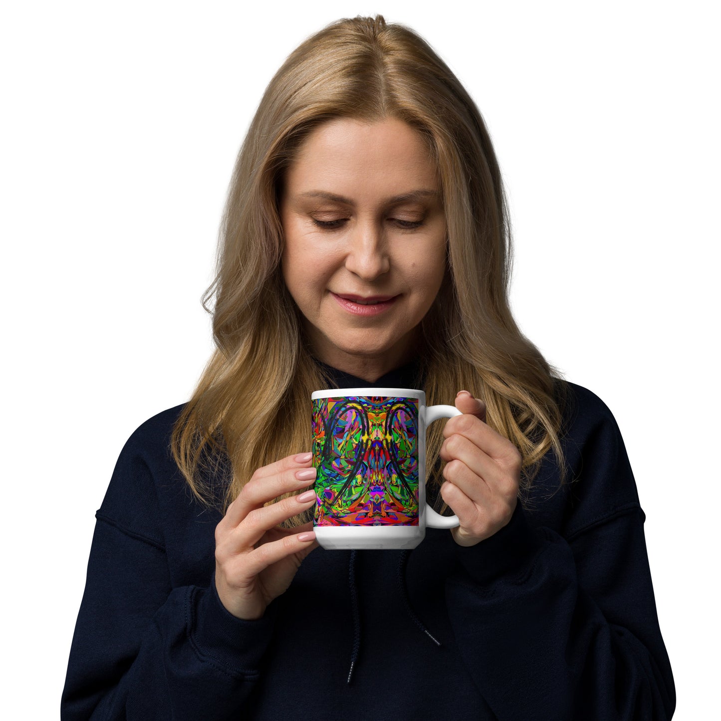 Colorful abstract art ceramic mug with neon pattern and glossy finish – Hipyfi Neon Mythos Mug 15-oz-handle-on-right