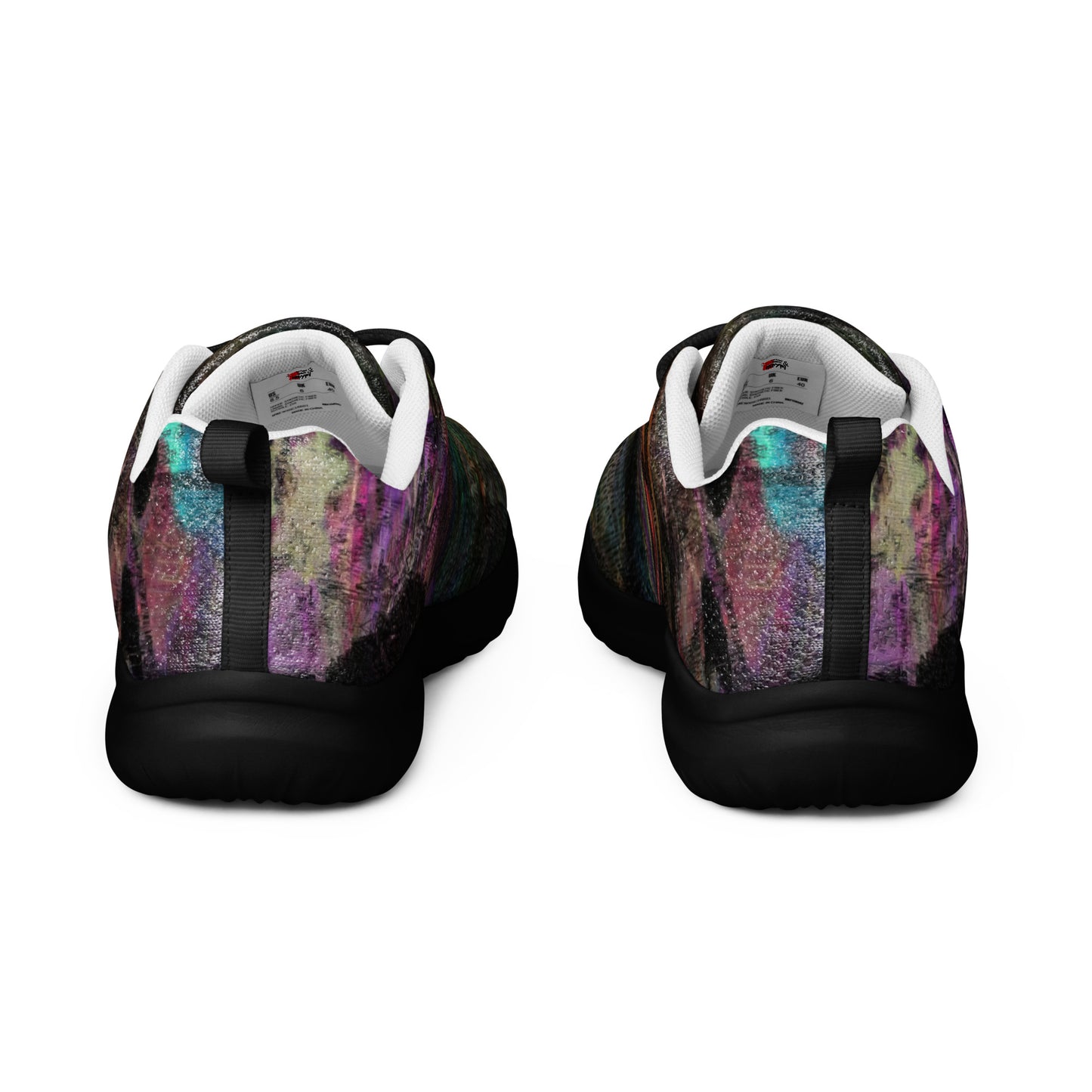 Vibrant Chromatic Dreams women's athletic shoes with abstract multicolor design, breathable mesh upper, and lightweight EVA sole by HipyFi. black-back