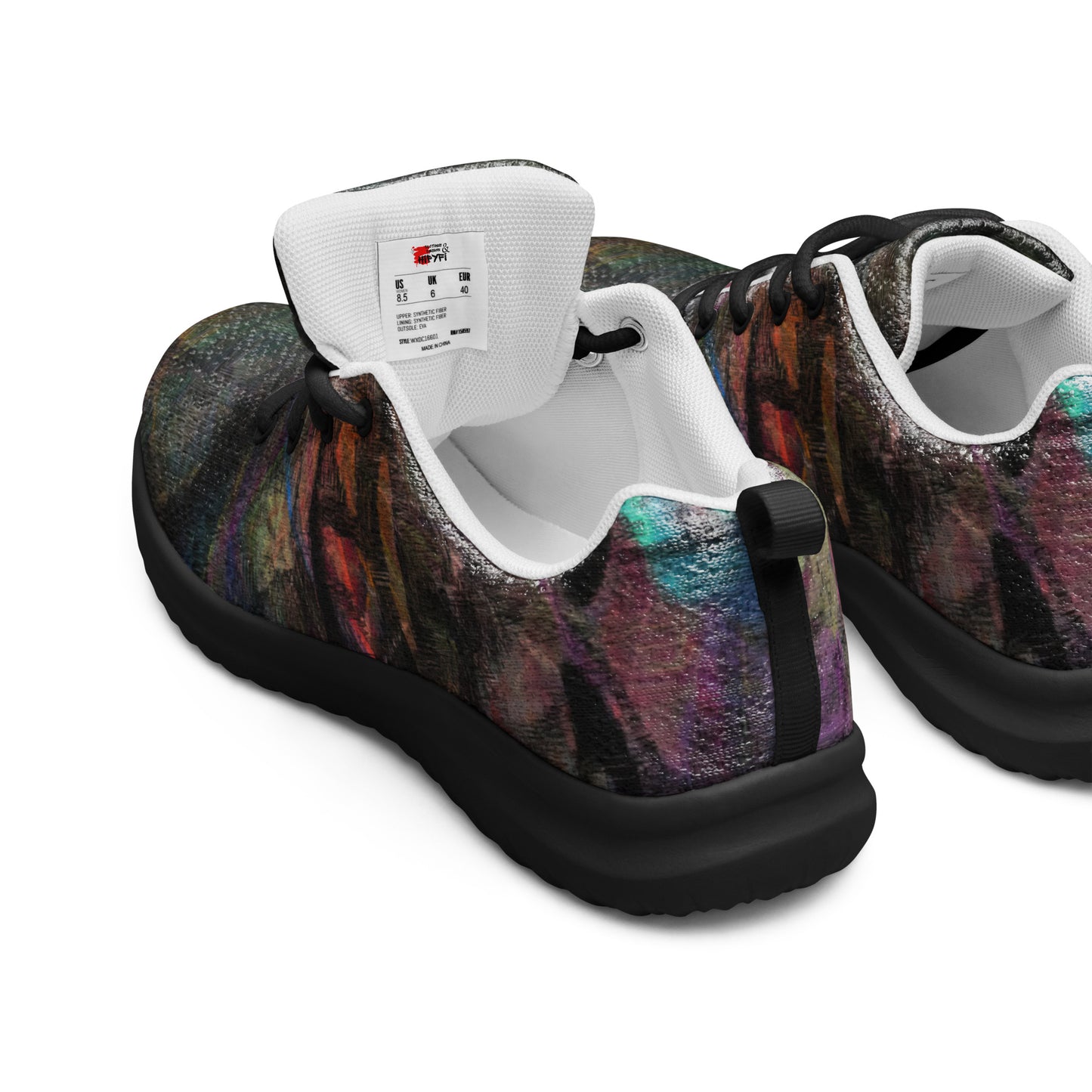 Vibrant Chromatic Dreams women's athletic shoes with abstract multicolor design, breathable mesh upper, and lightweight EVA sole by HipyFi. black-back-2