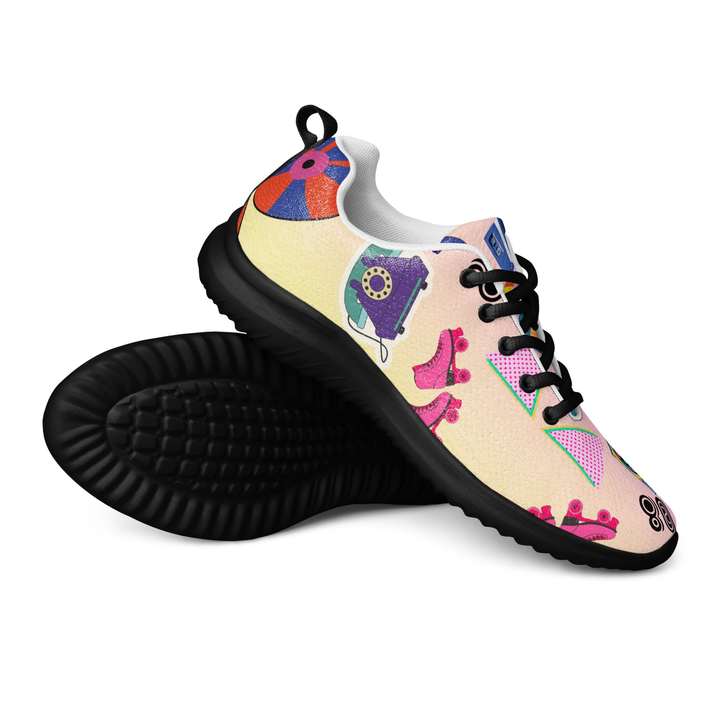 Hipyfi 80s Retro Pop Women's Running Sneakers – colorful athletic shoes with vintage 1980s design. black-front-3