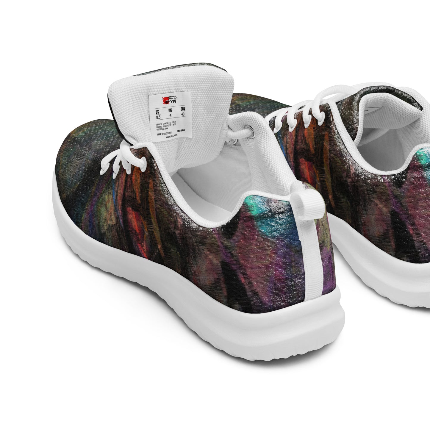 Vibrant Chromatic Dreams women's athletic shoes with abstract multicolor design, breathable mesh upper, and lightweight EVA sole by HipyFi. white-back-2