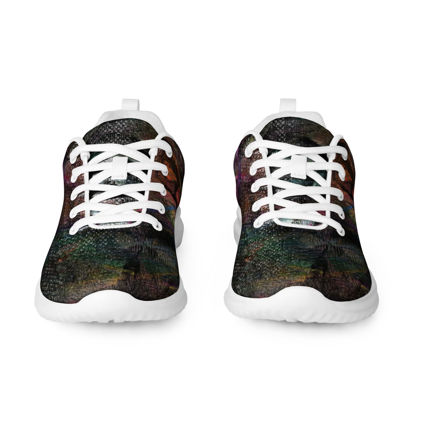 Vibrant Chromatic Dreams women's athletic shoes with abstract multicolor design, breathable mesh upper, and lightweight EVA sole by HipyFi. white-front-5