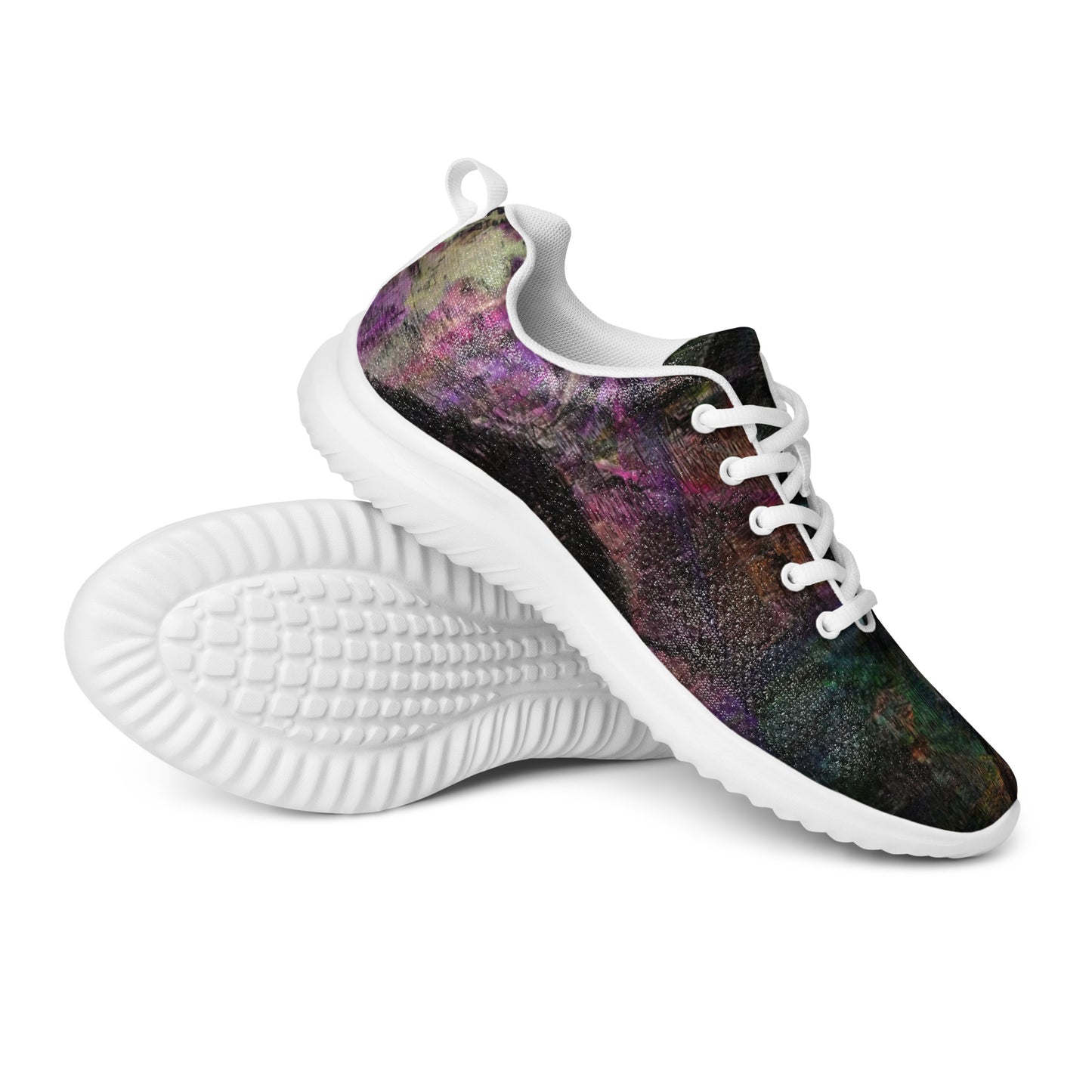 Vibrant Chromatic Dreams women's athletic shoes with abstract multicolor design, breathable mesh upper, and lightweight EVA sole by HipyFi. white-front-3