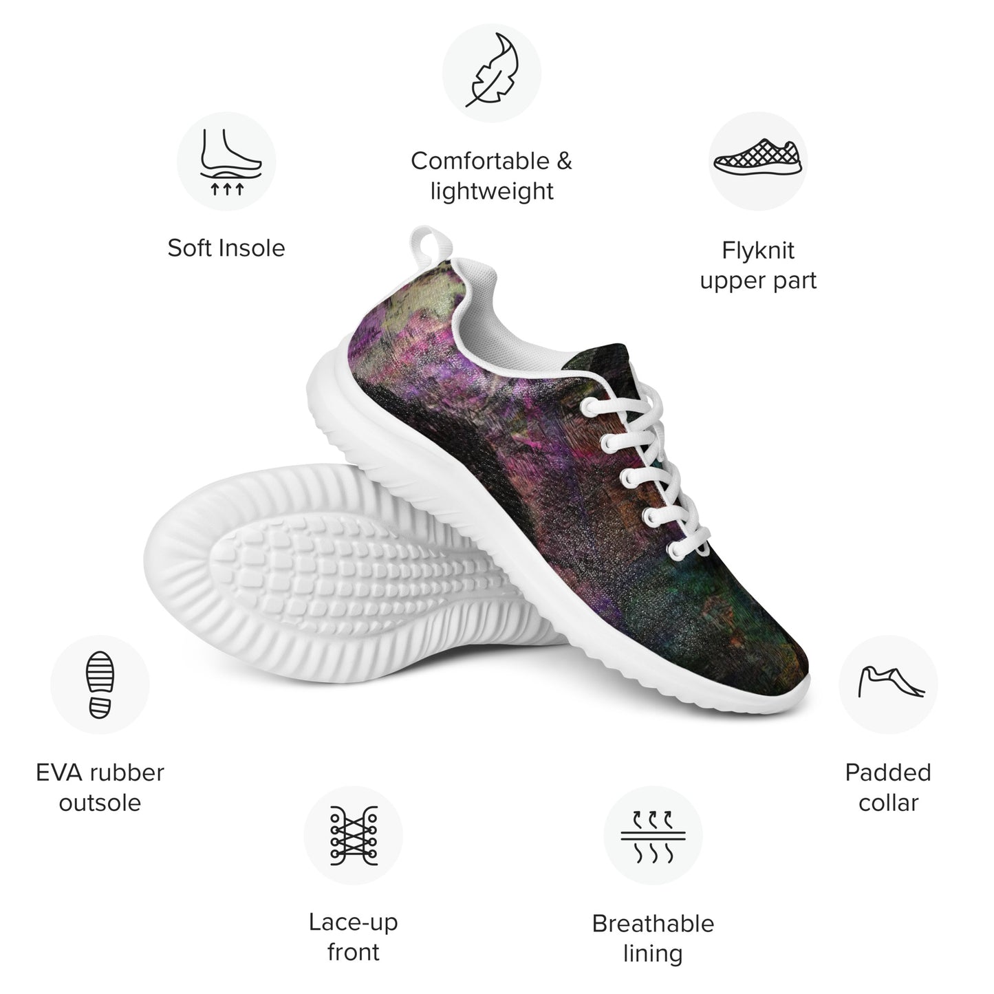 Vibrant Chromatic Dreams women's athletic shoes with abstract multicolor design, breathable mesh upper, and lightweight EVA sole by HipyFi. white-front-info