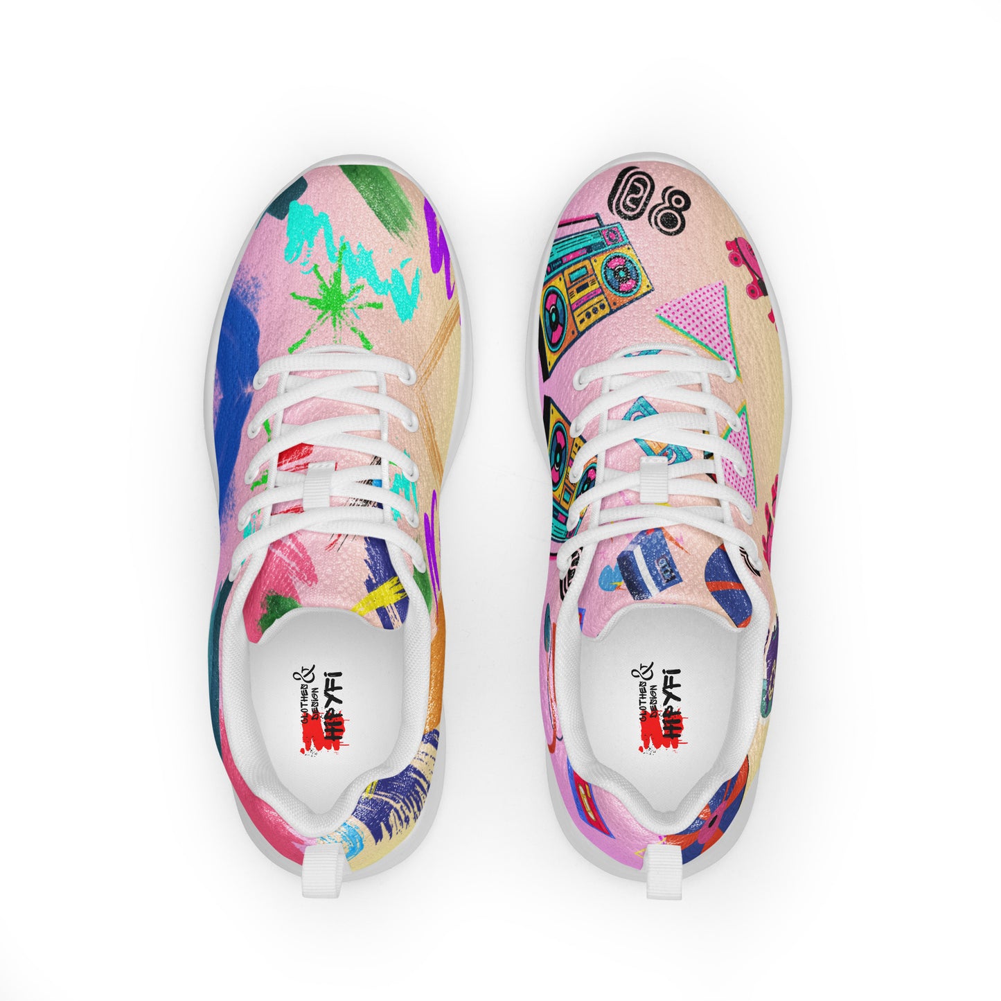 Hipyfi 80s Retro Pop Women's Running Sneakers – colorful athletic shoes with vintage 1980s design. white-front-6