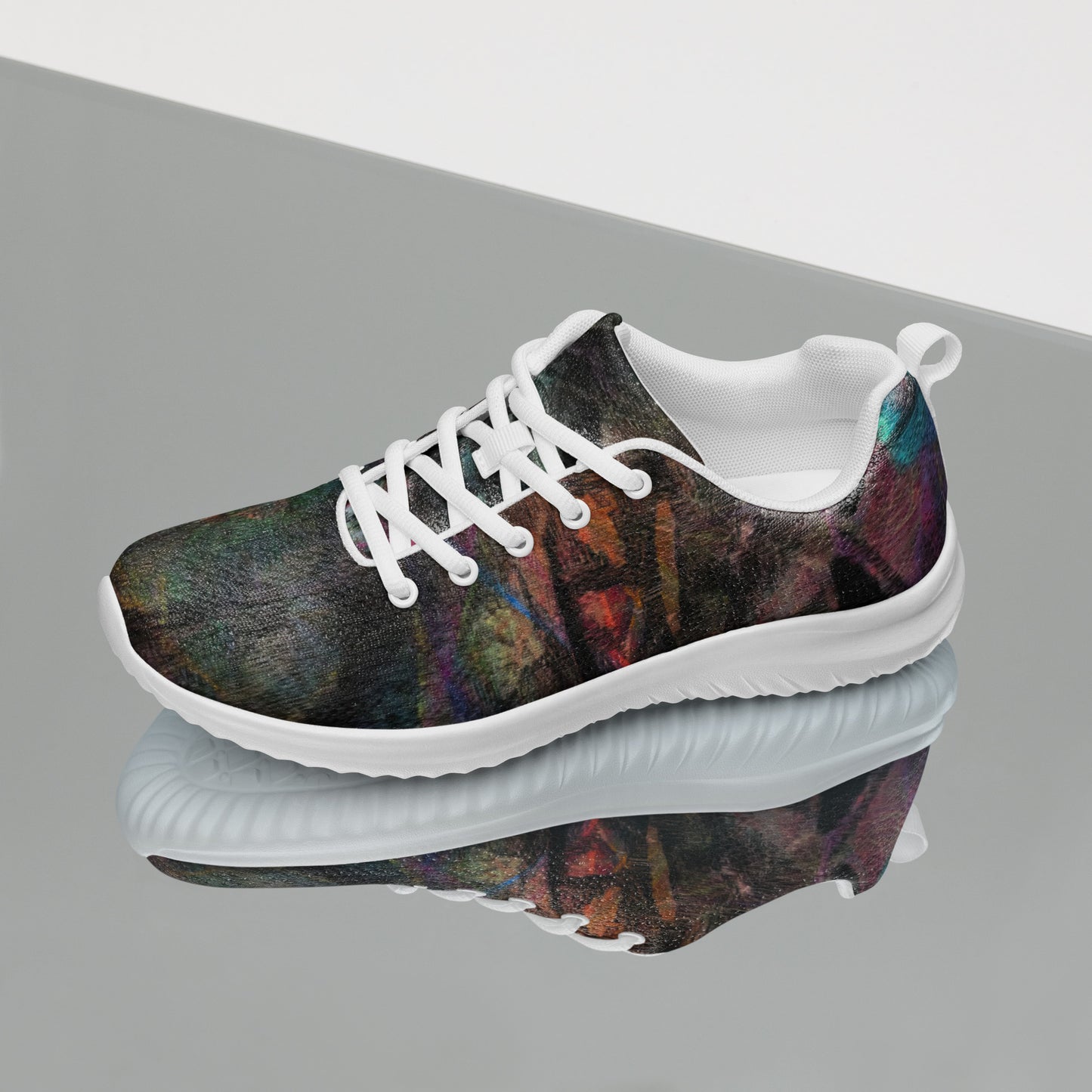 Vibrant Chromatic Dreams women's athletic shoes with abstract multicolor design, breathable mesh upper, and lightweight EVA sole by HipyFi. white-left-2
