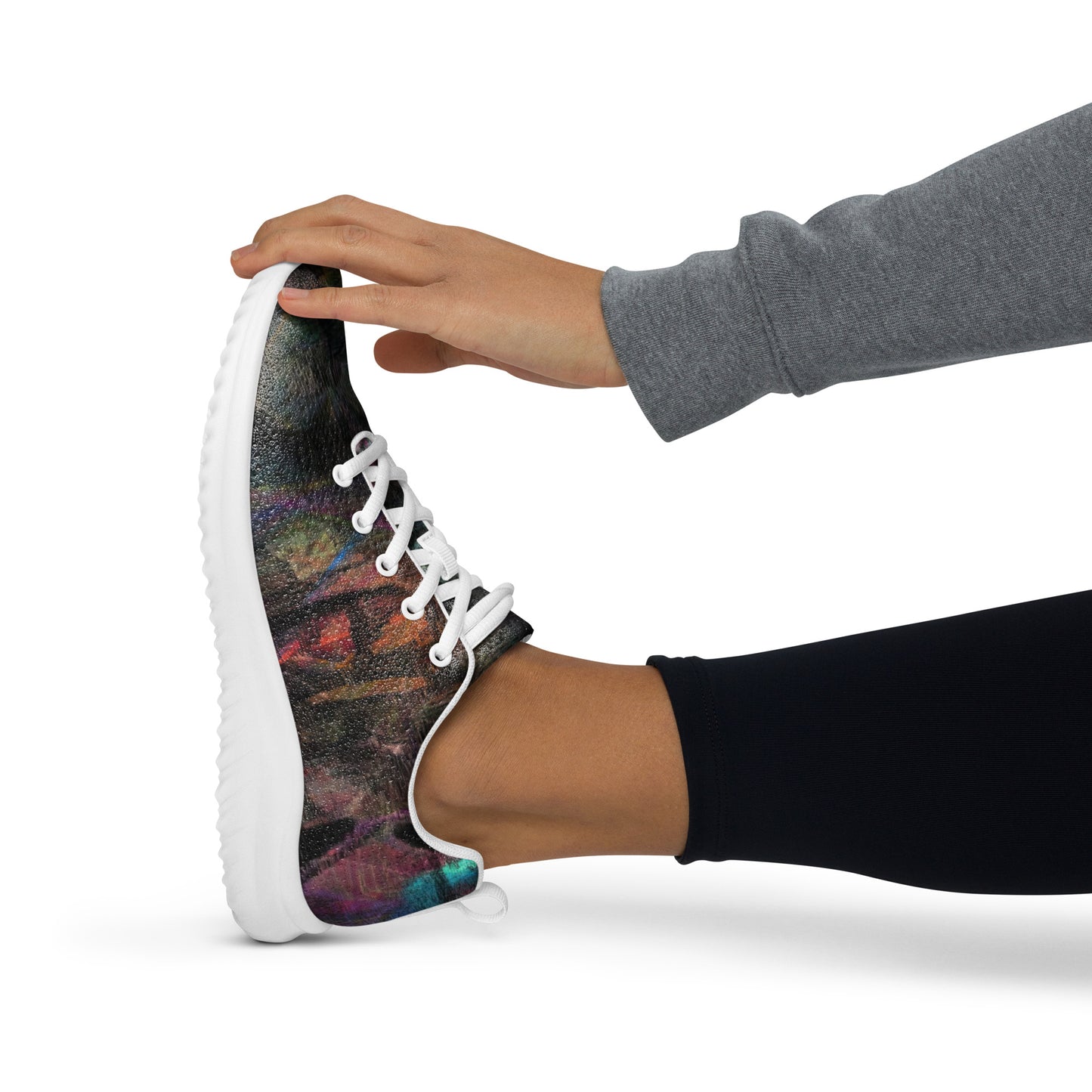 Vibrant Chromatic Dreams women's athletic shoes with abstract multicolor design, breathable mesh upper, and lightweight EVA sole by HipyFi. white-left
