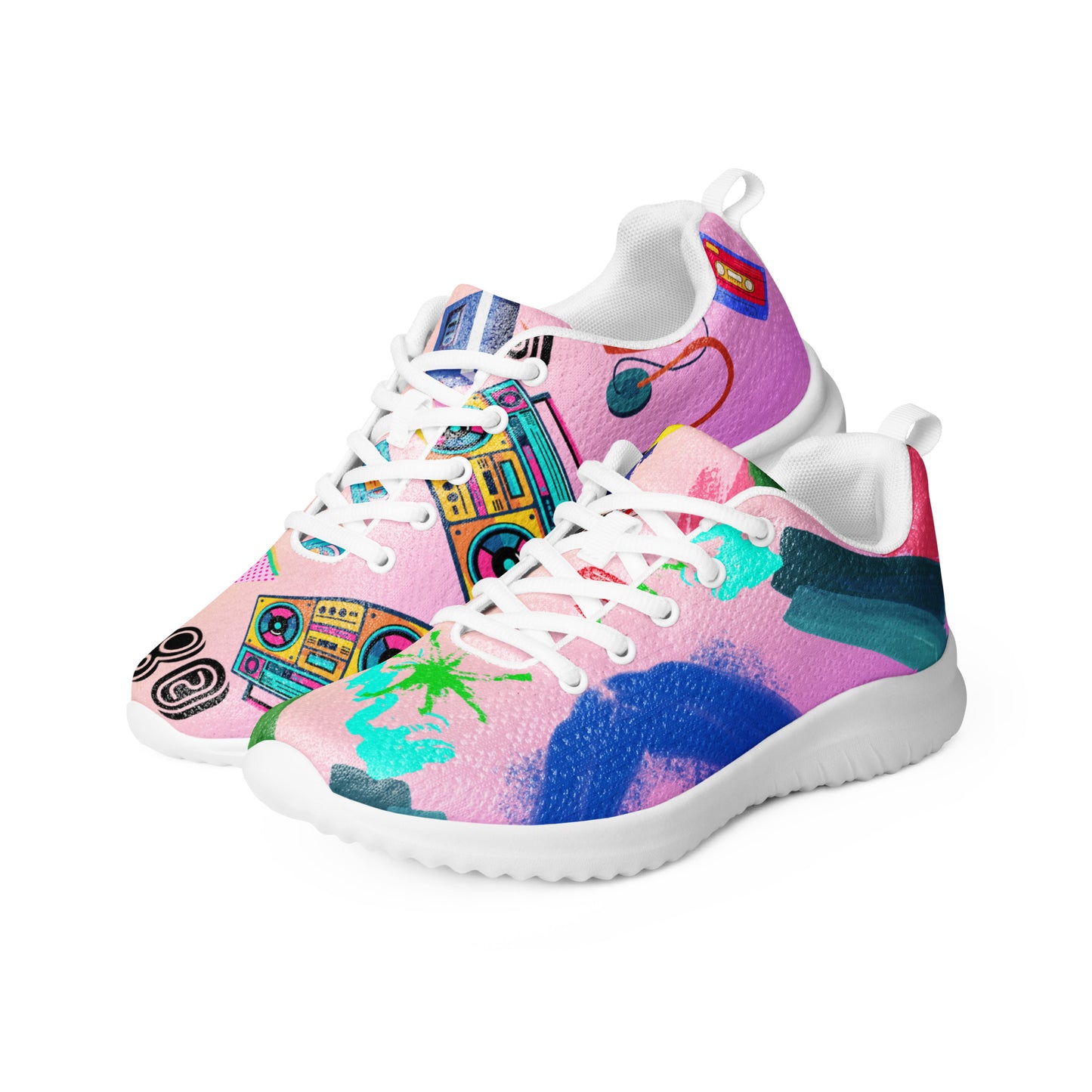 Hipyfi 80s Retro Pop Women's Running Sneakers – colorful athletic shoes with vintage 1980s design. white-left-front-2