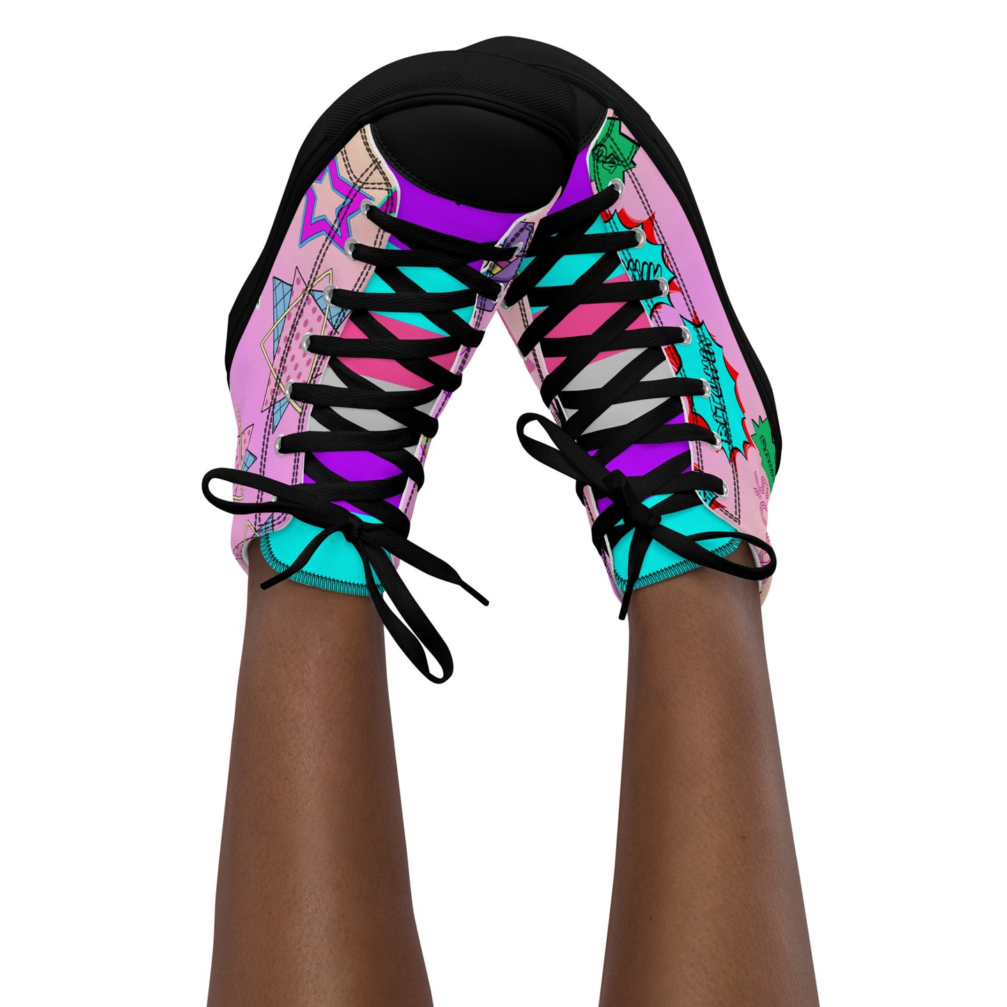 Women's 80s retro high top canvas sneakers with neon pop art design by Hipyfi Clothes & Design. black-front-2