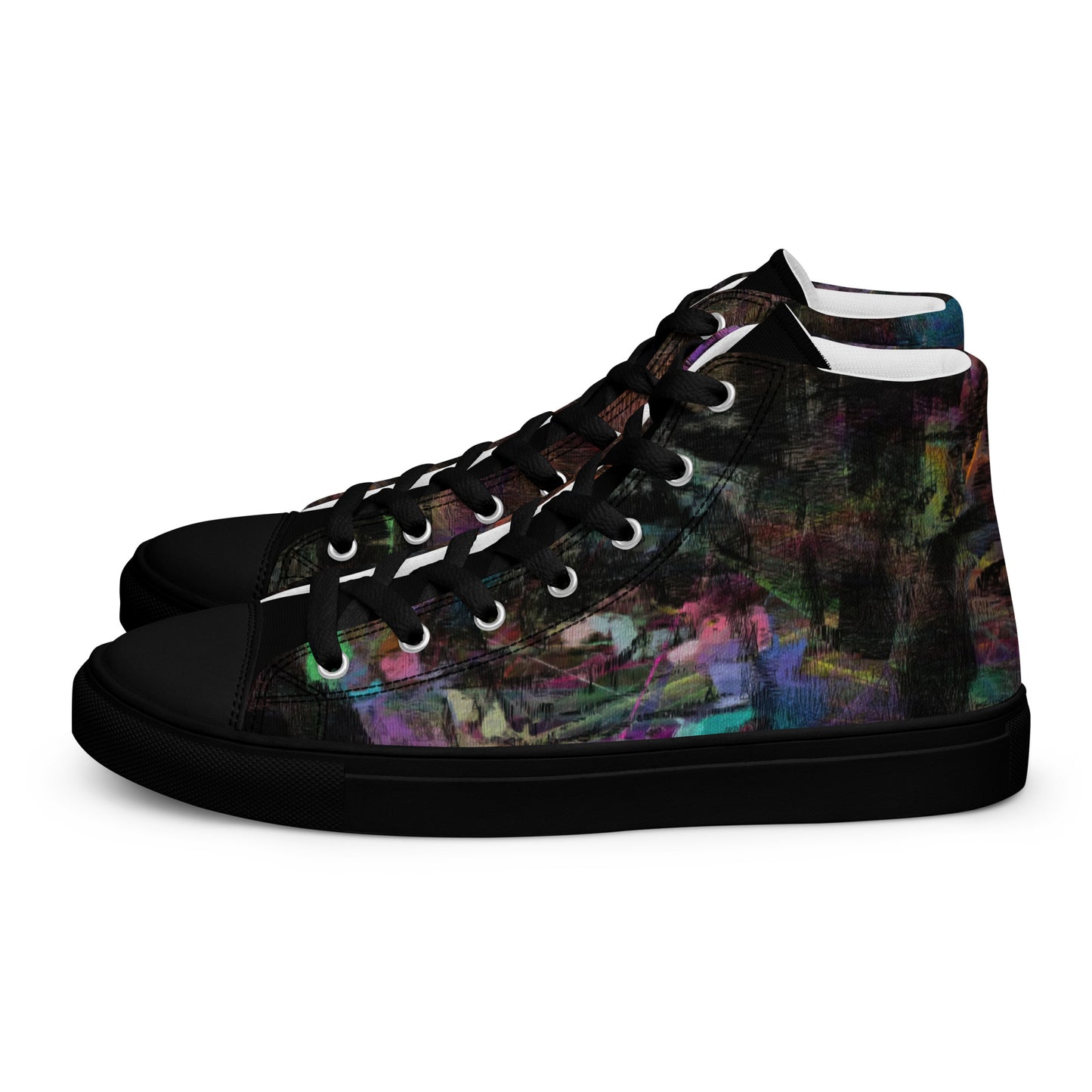 Chromatic Dreams Women’s abstract art high top sneakers – vibrant multicolor, faux leather toe cap, and streetwear style | Hipyfi. black-left-3