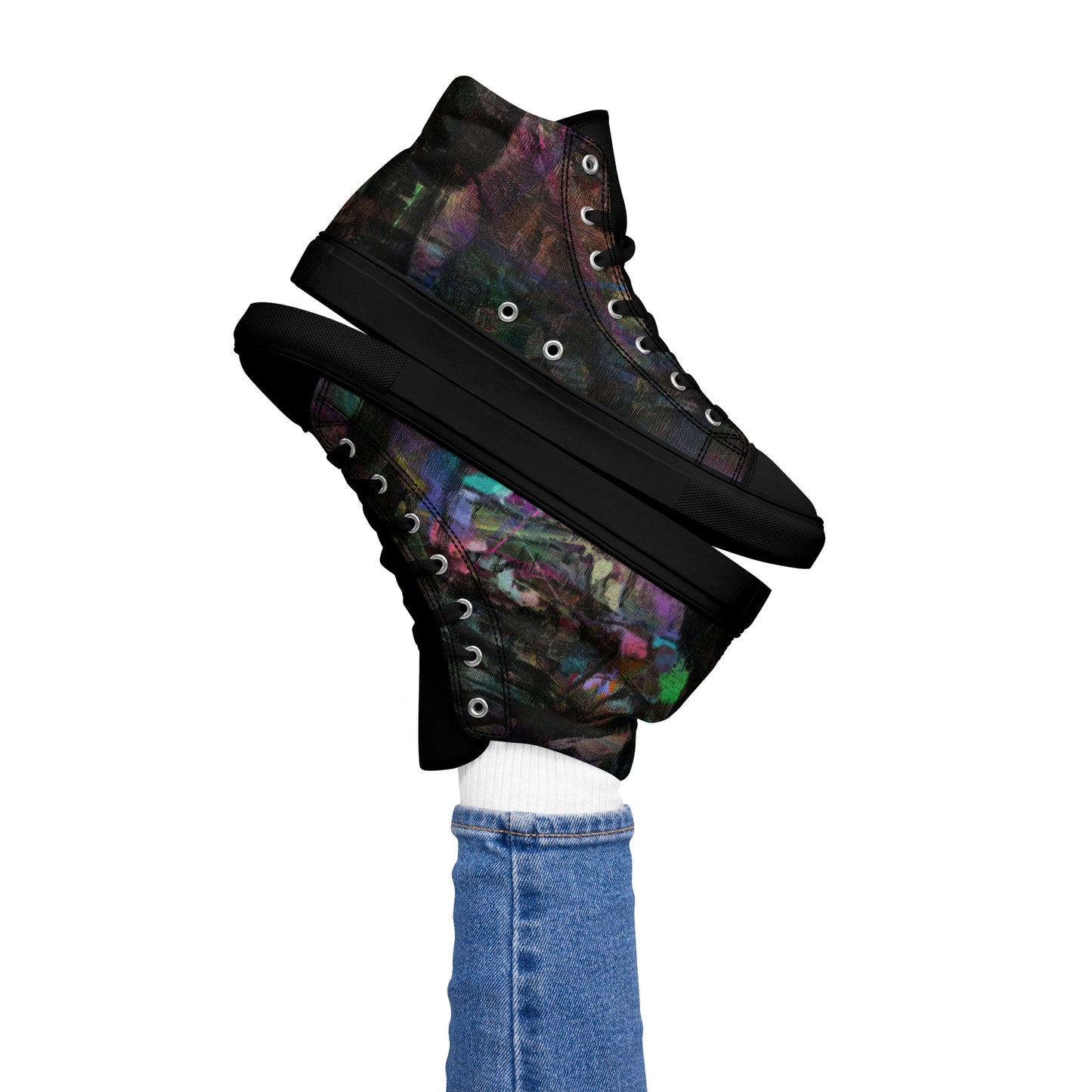 Chromatic Dreams Women’s abstract art high top sneakers – vibrant multicolor, faux leather toe cap, and streetwear style | Hipyfi. black-left