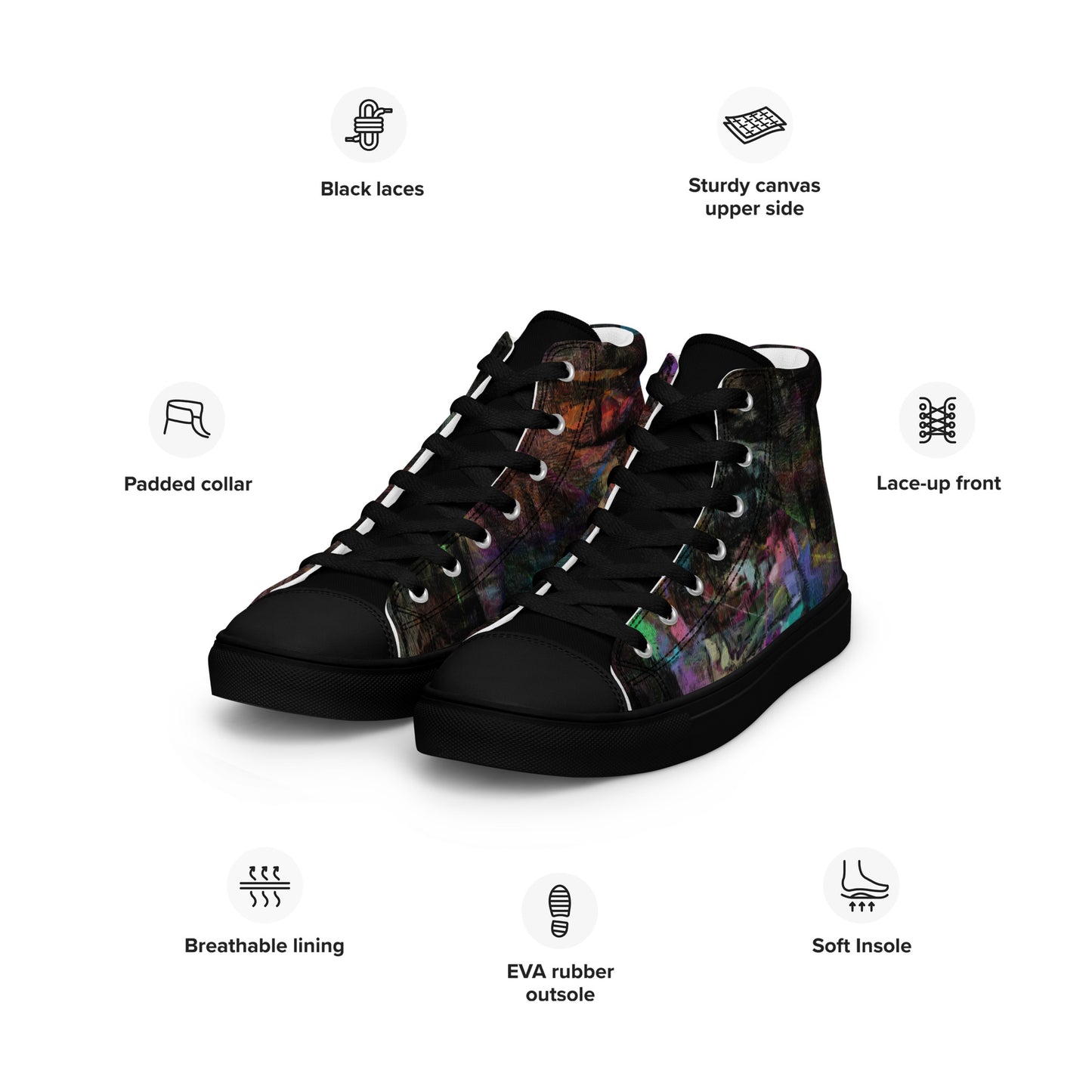 Chromatic Dreams Women’s abstract art high top sneakers – vibrant multicolor, faux leather toe cap, and streetwear style | Hipyfi. black-left-front-info