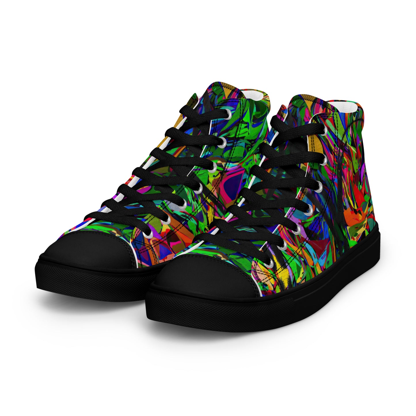 Neon Mythos women's high top canvas sneakers with abstract street art design in vibrant neon colors by Hipyfi Clothes & Design. black-left-front