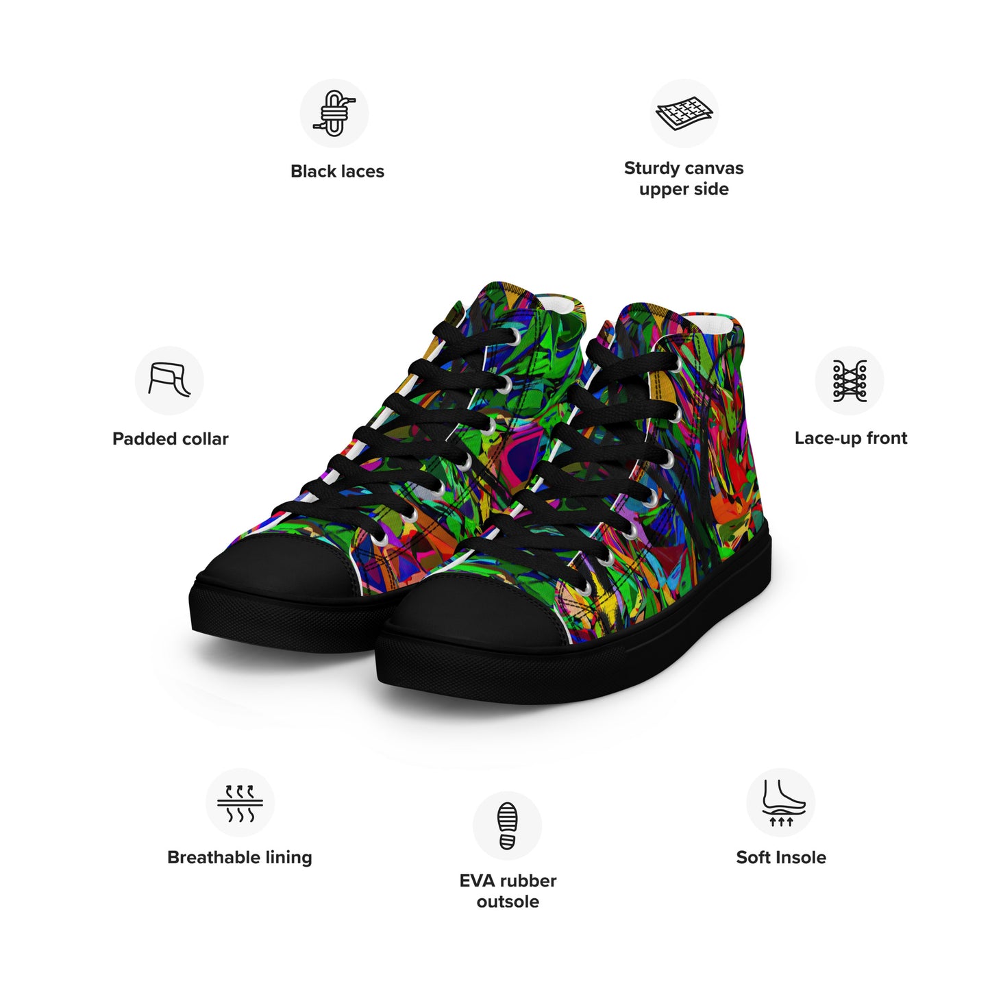Neon Mythos women's high top canvas sneakers with abstract street art design in vibrant neon colors by Hipyfi Clothes & Design. Product-info