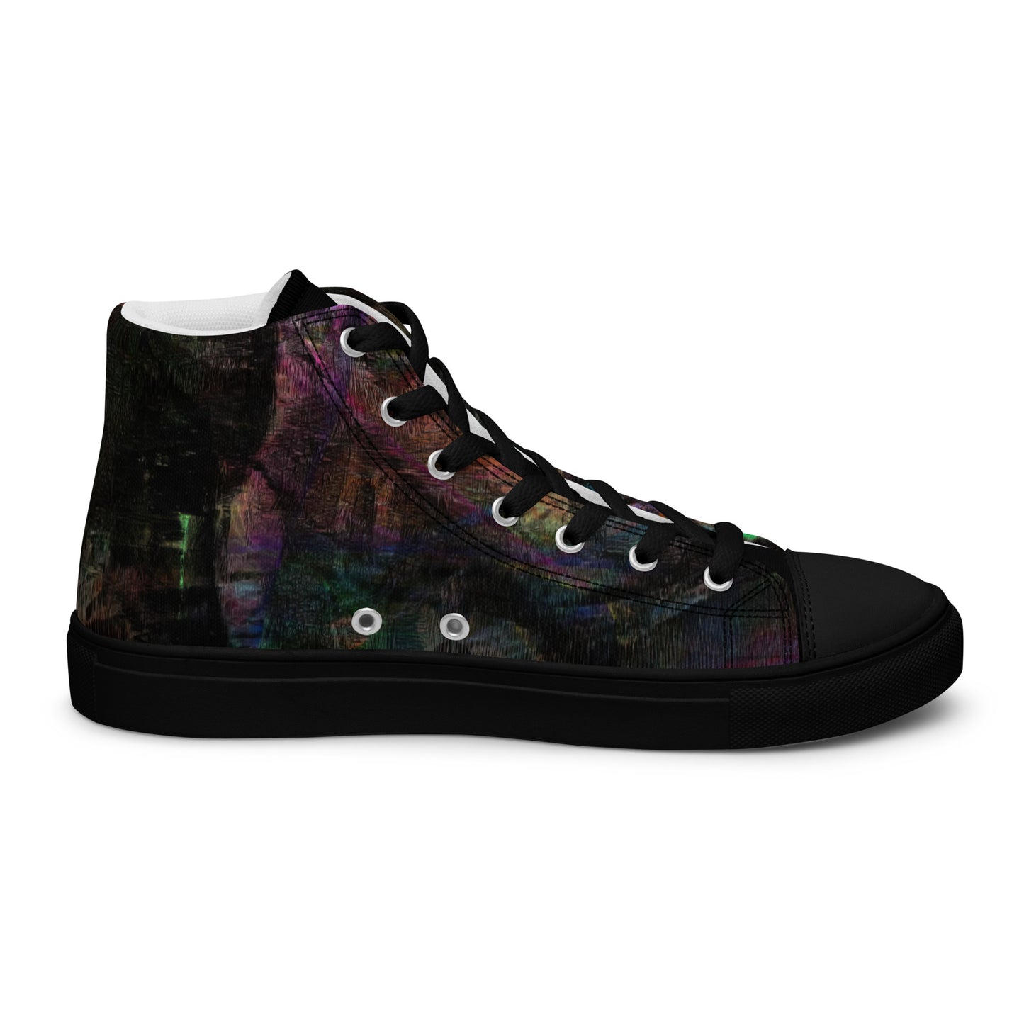 Chromatic Dreams Women’s abstract art high top sneakers – vibrant multicolor, faux leather toe cap, and streetwear style | Hipyfi. black-left-inside