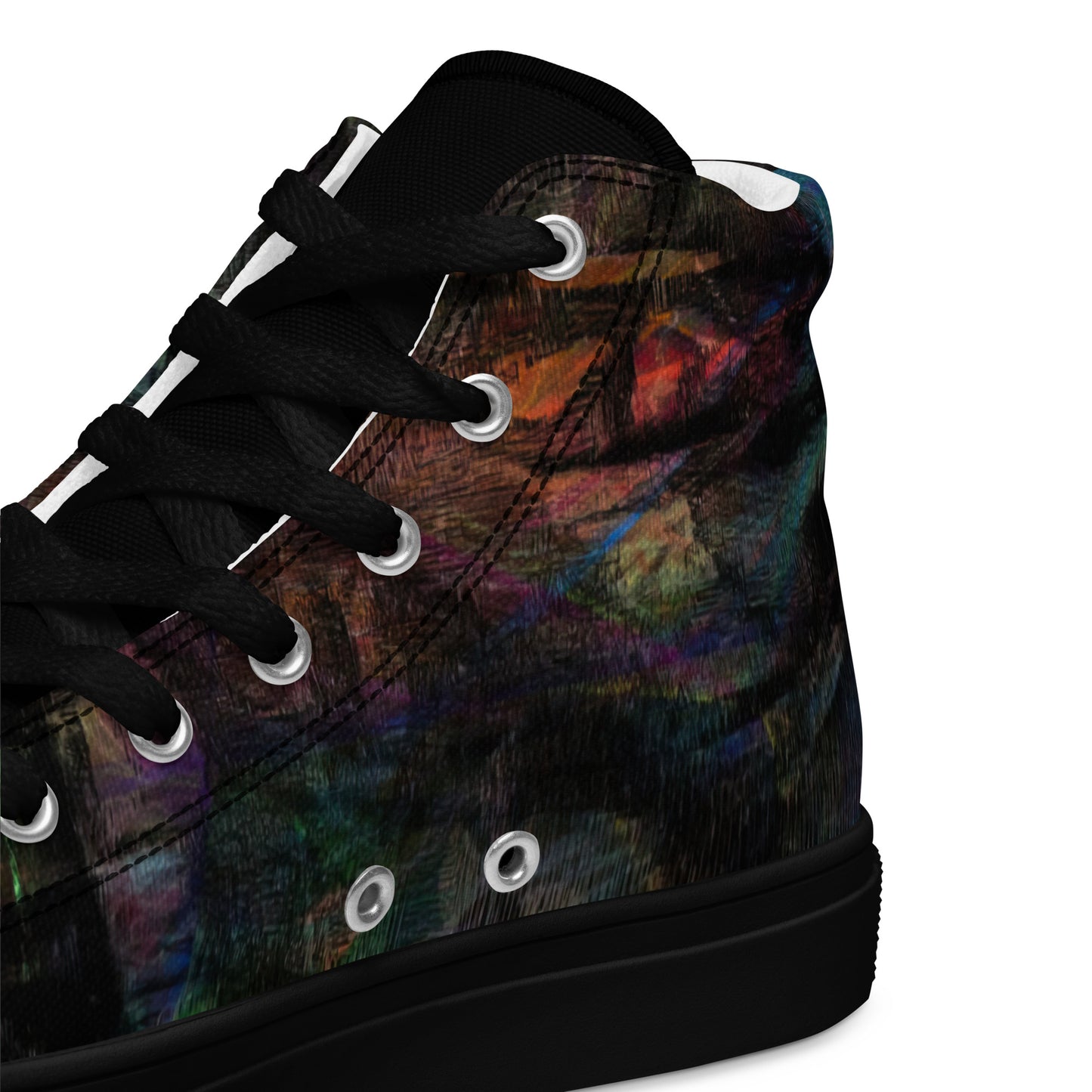 Chromatic Dreams Women’s abstract art high top sneakers – vibrant multicolor, faux leather toe cap, and streetwear style | Hipyfi. black-product-details-2