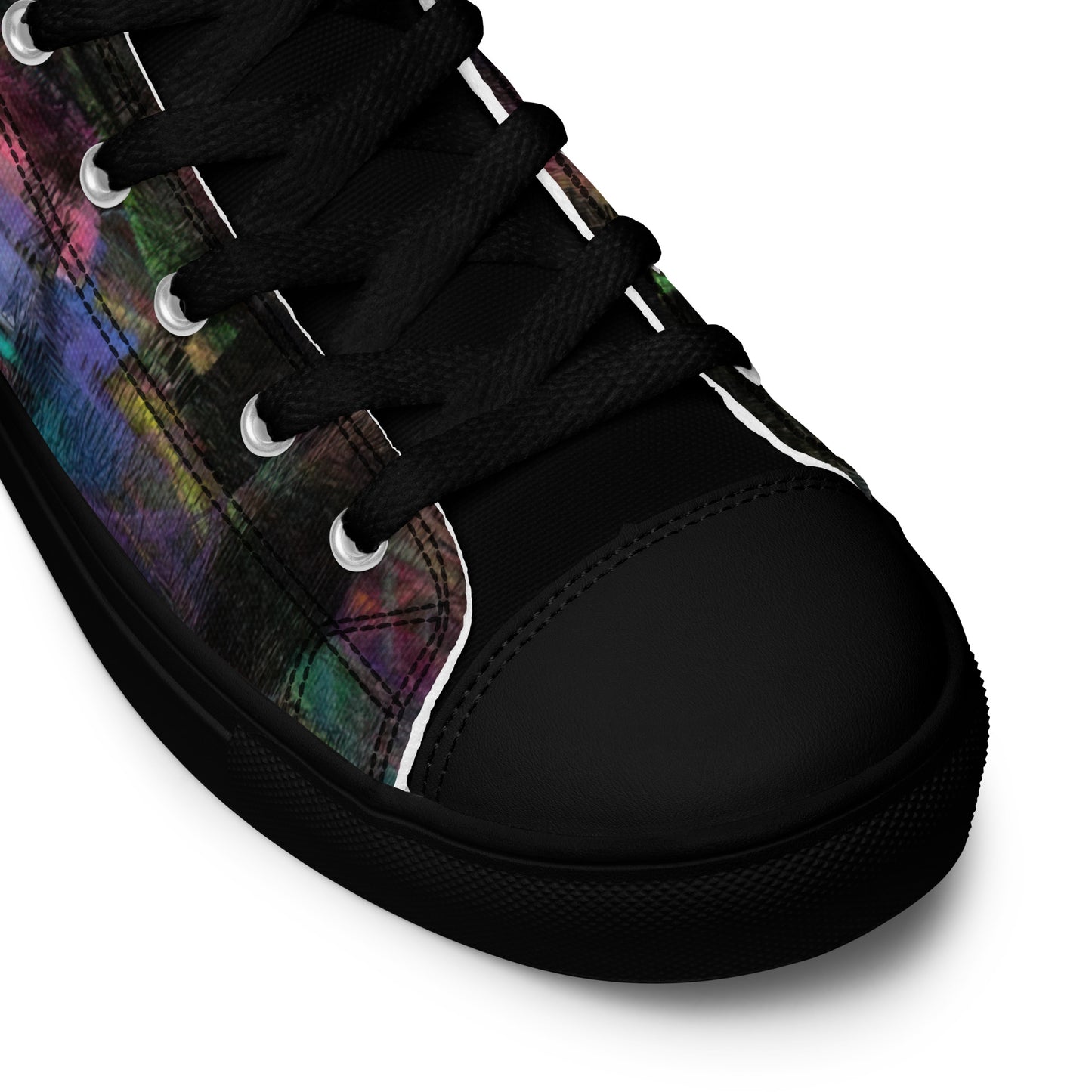 Chromatic Dreams Women’s abstract art high top sneakers – vibrant multicolor, faux leather toe cap, and streetwear style | Hipyfi. black-product-details
