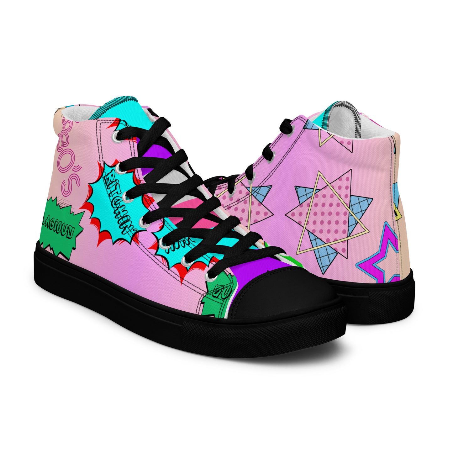 Women's 80s retro high top canvas sneakers with neon pop art design by Hipyfi Clothes & Design. black-right-3