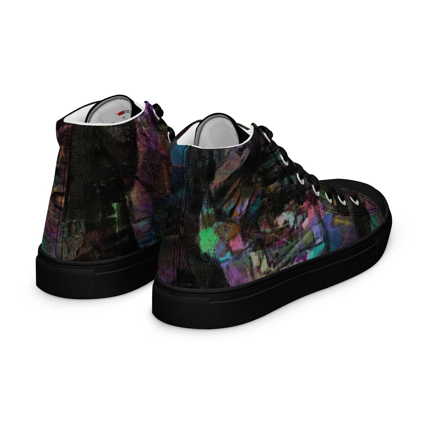 Chromatic Dreams Women’s abstract art high top sneakers – vibrant multicolor, faux leather toe cap, and streetwear style | Hipyfi. black-right-back