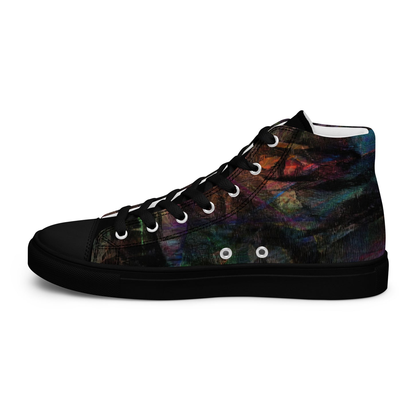 Chromatic Dreams Women’s abstract art high top sneakers – vibrant multicolor, faux leather toe cap, and streetwear style | Hipyfi. black-right-inside