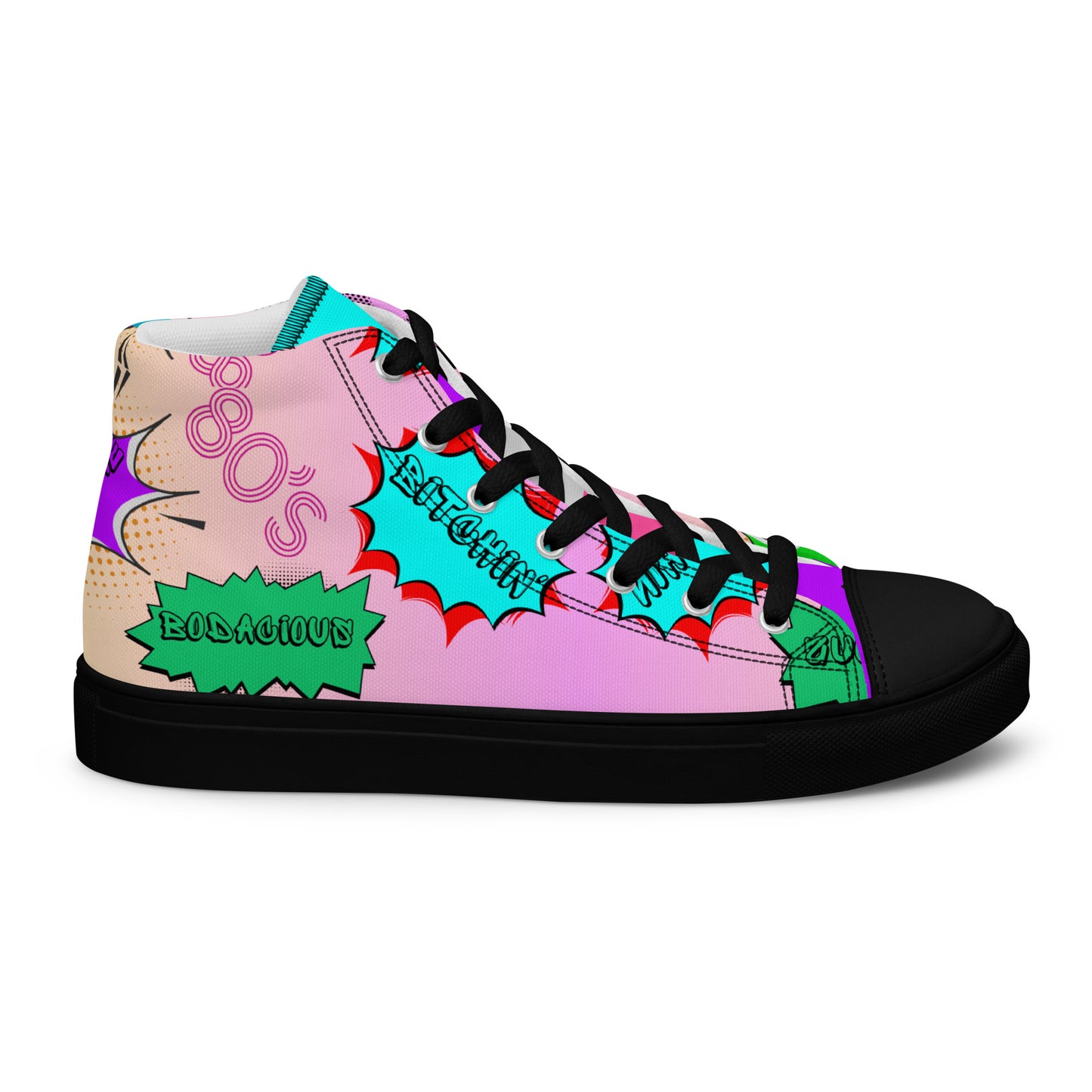Women's 80s retro high top canvas sneakers with neon pop art design by Hipyfi Clothes & Design. black-right-outside