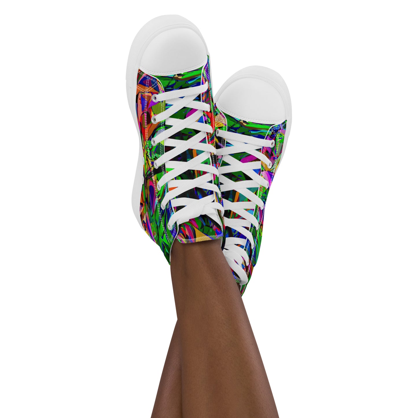 Neon Mythos women's high top canvas sneakers with abstract street art design in vibrant neon colors by Hipyfi Clothes & Design. white-front-2