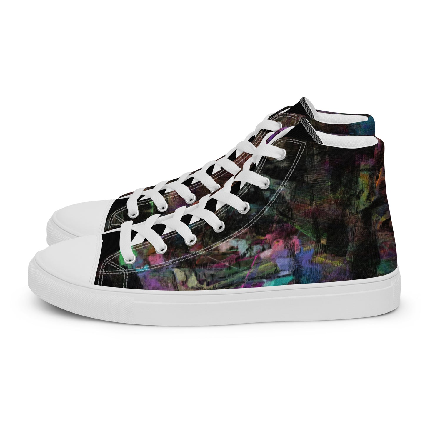Chromatic Dreams Women’s abstract art high top sneakers – vibrant multicolor, faux leather toe cap, and streetwear style | Hipyfi. white-left-3