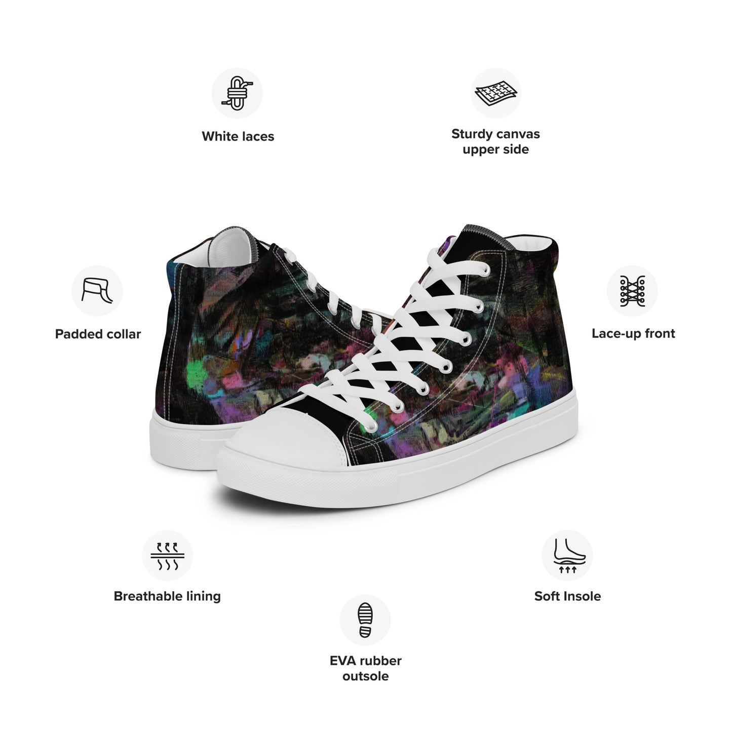 Chromatic Dreams Women’s abstract art high top sneakers – vibrant multicolor, faux leather toe cap, and streetwear style | Hipyfi. white-left-info