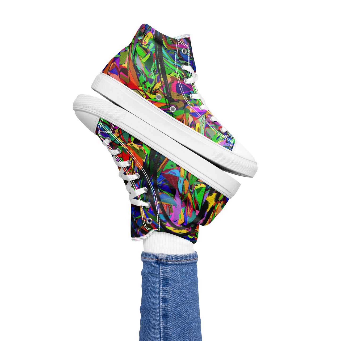 Neon Mythos women's high top canvas sneakers with abstract street art design in vibrant neon colors by Hipyfi Clothes & Design. white-left-4
