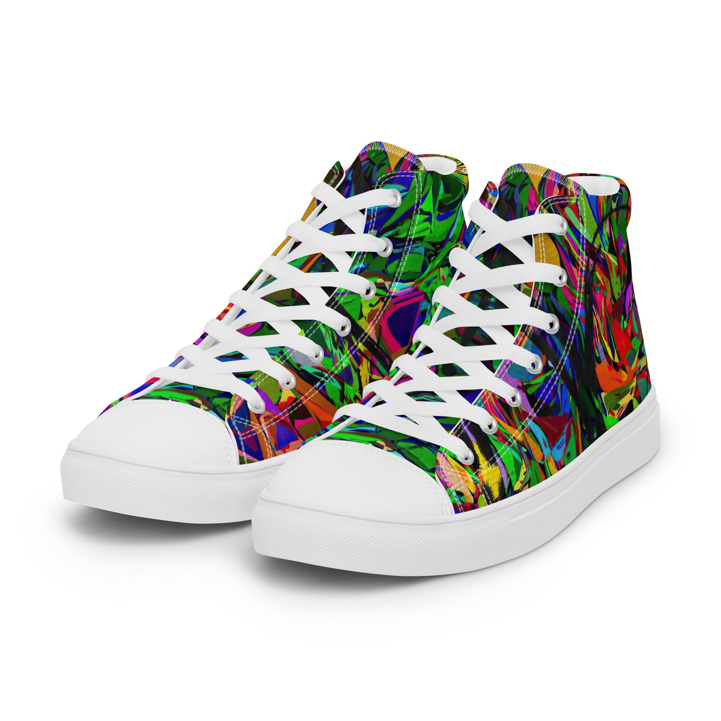 Neon Mythos women's high top canvas sneakers with abstract street art design in vibrant neon colors by Hipyfi Clothes & Design. white-left-front-3