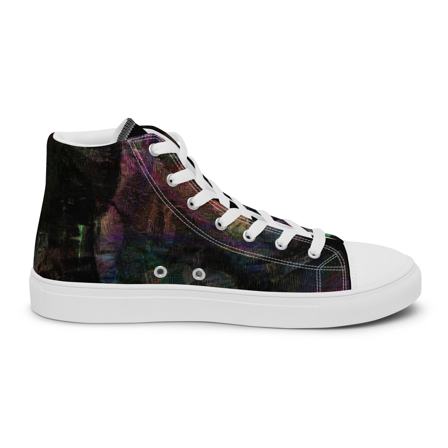 Chromatic Dreams Women’s abstract art high top sneakers – vibrant multicolor, faux leather toe cap, and streetwear style | Hipyfi. white-left-inside
