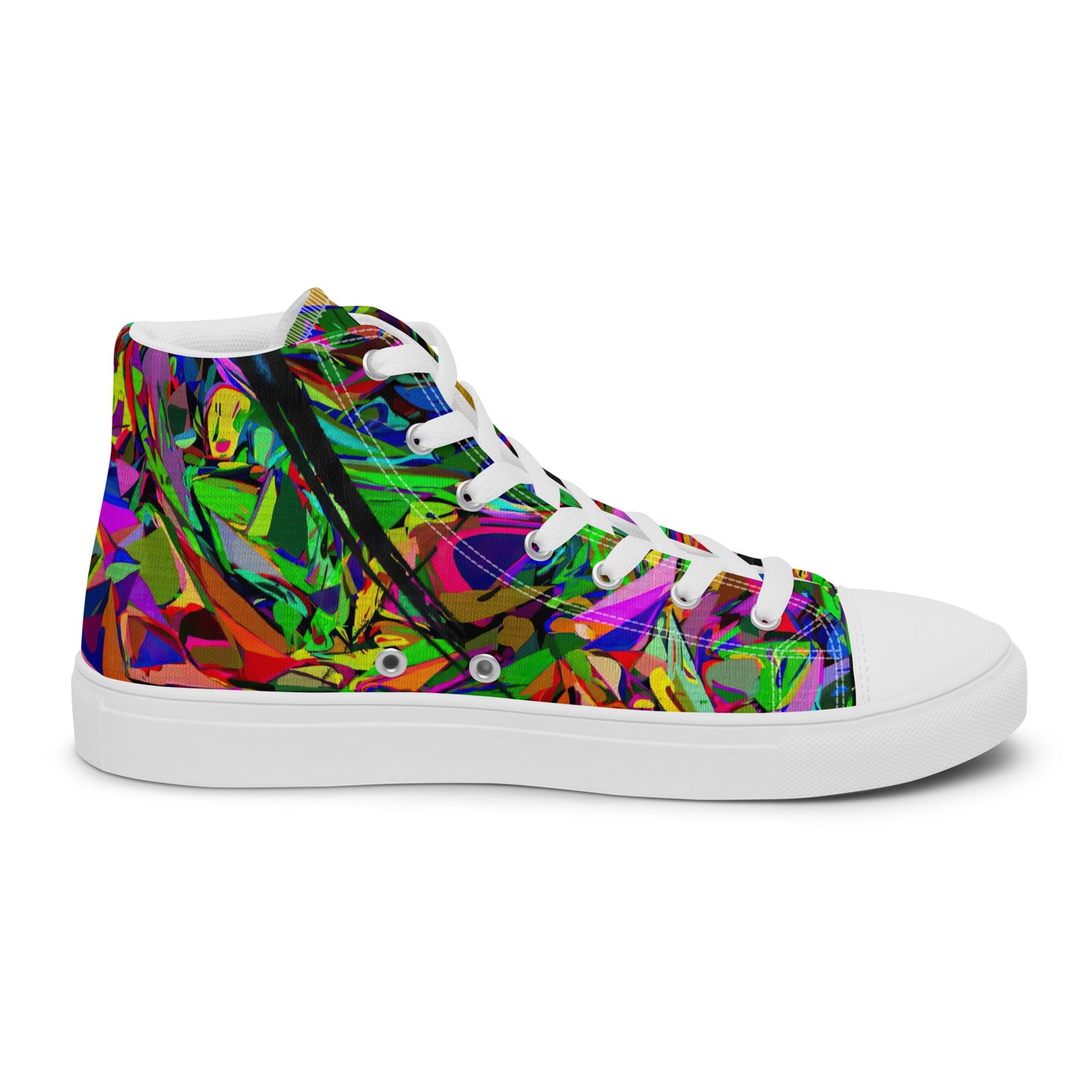 Neon Mythos women's high top canvas sneakers with abstract street art design in vibrant neon colors by Hipyfi Clothes & Design. white-left-inside